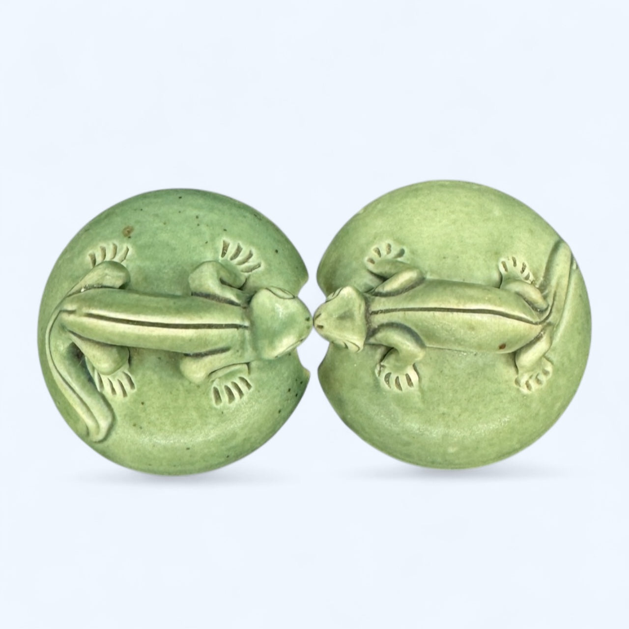 vintage green pottery lizard Condiment Bowls with original spoons,hand made