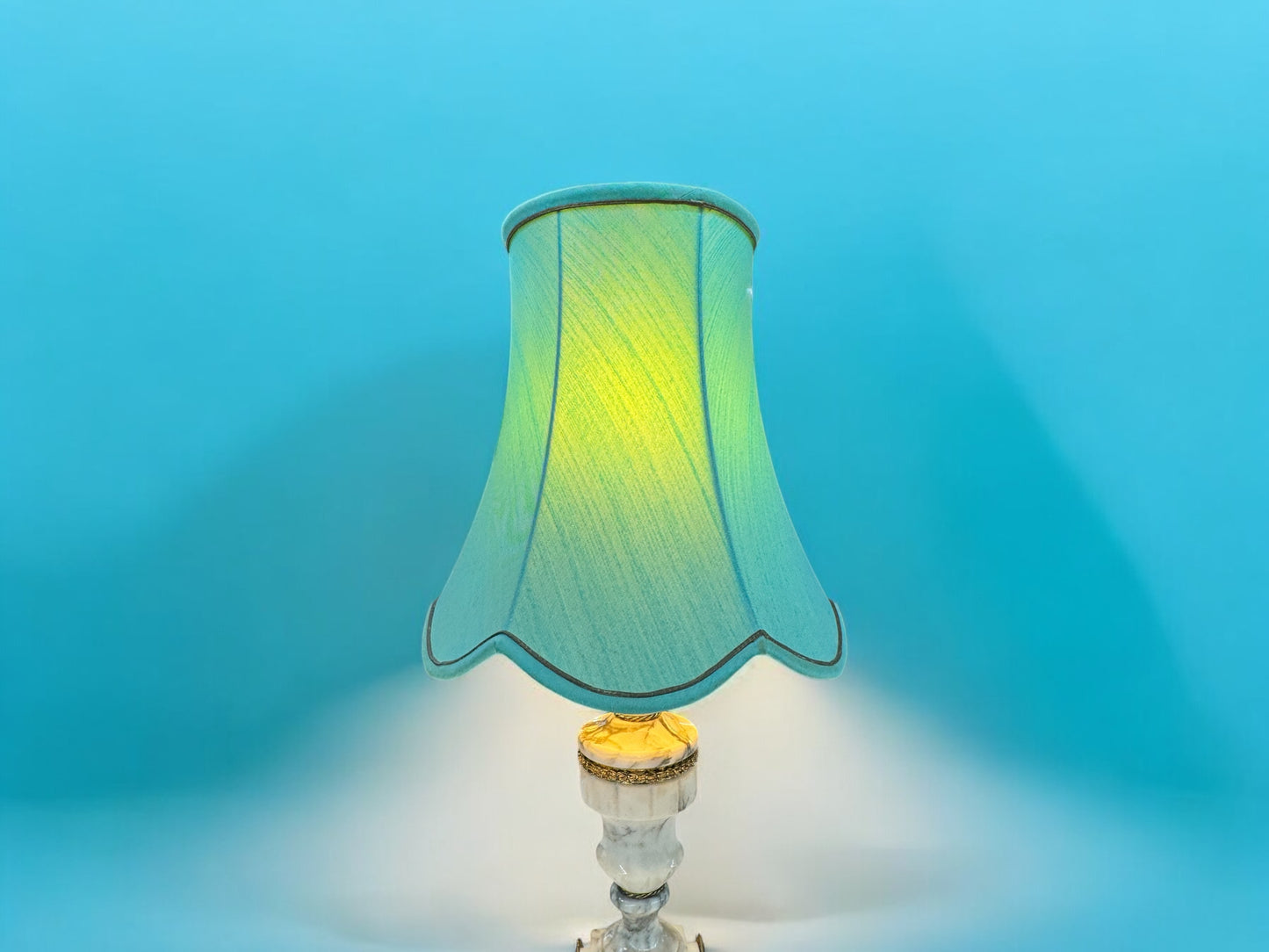White Marble and Brass table lamp with green shade.working order