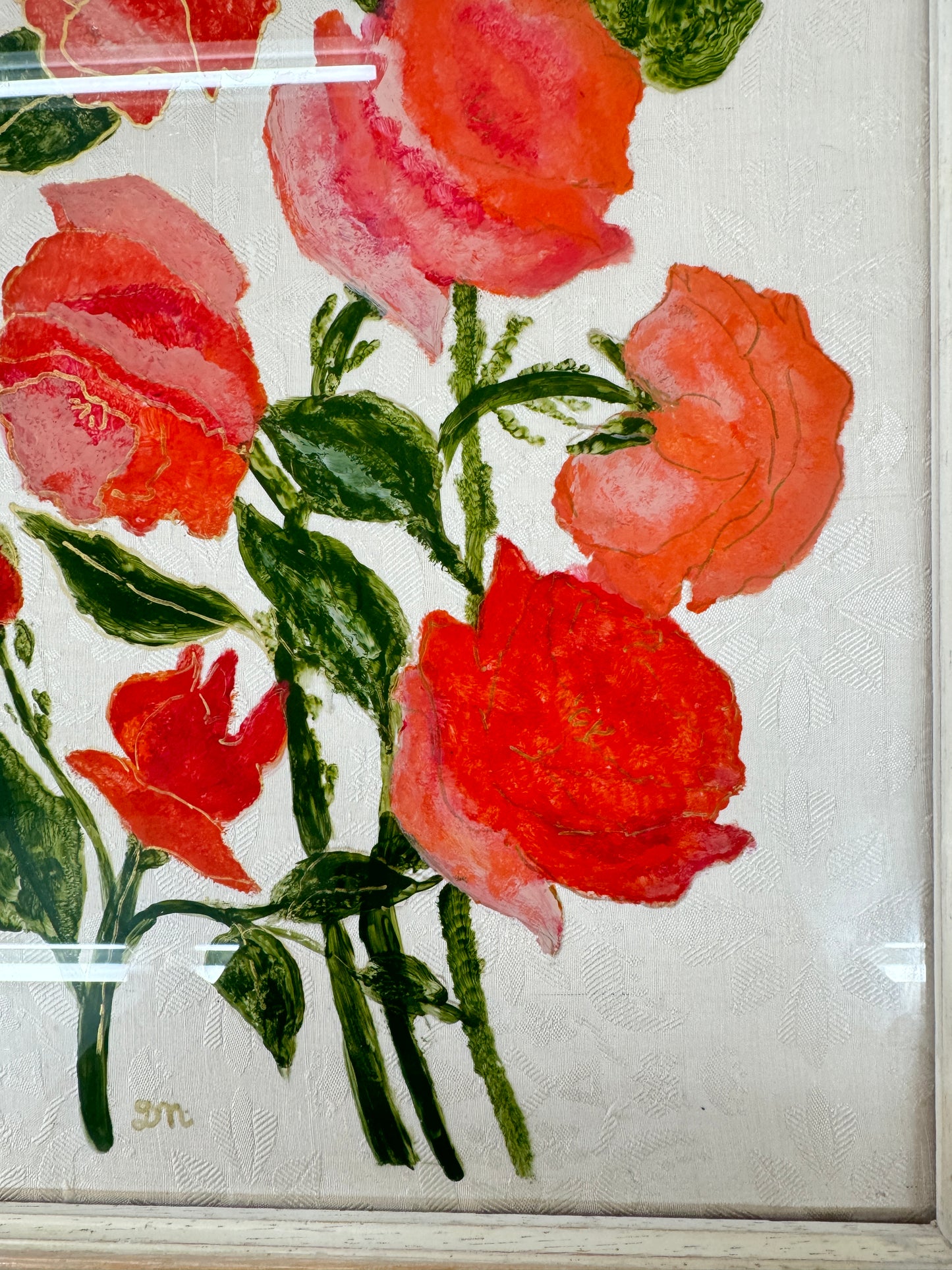 Original Artwork , hand painted red Roses on fabric ,signed DM