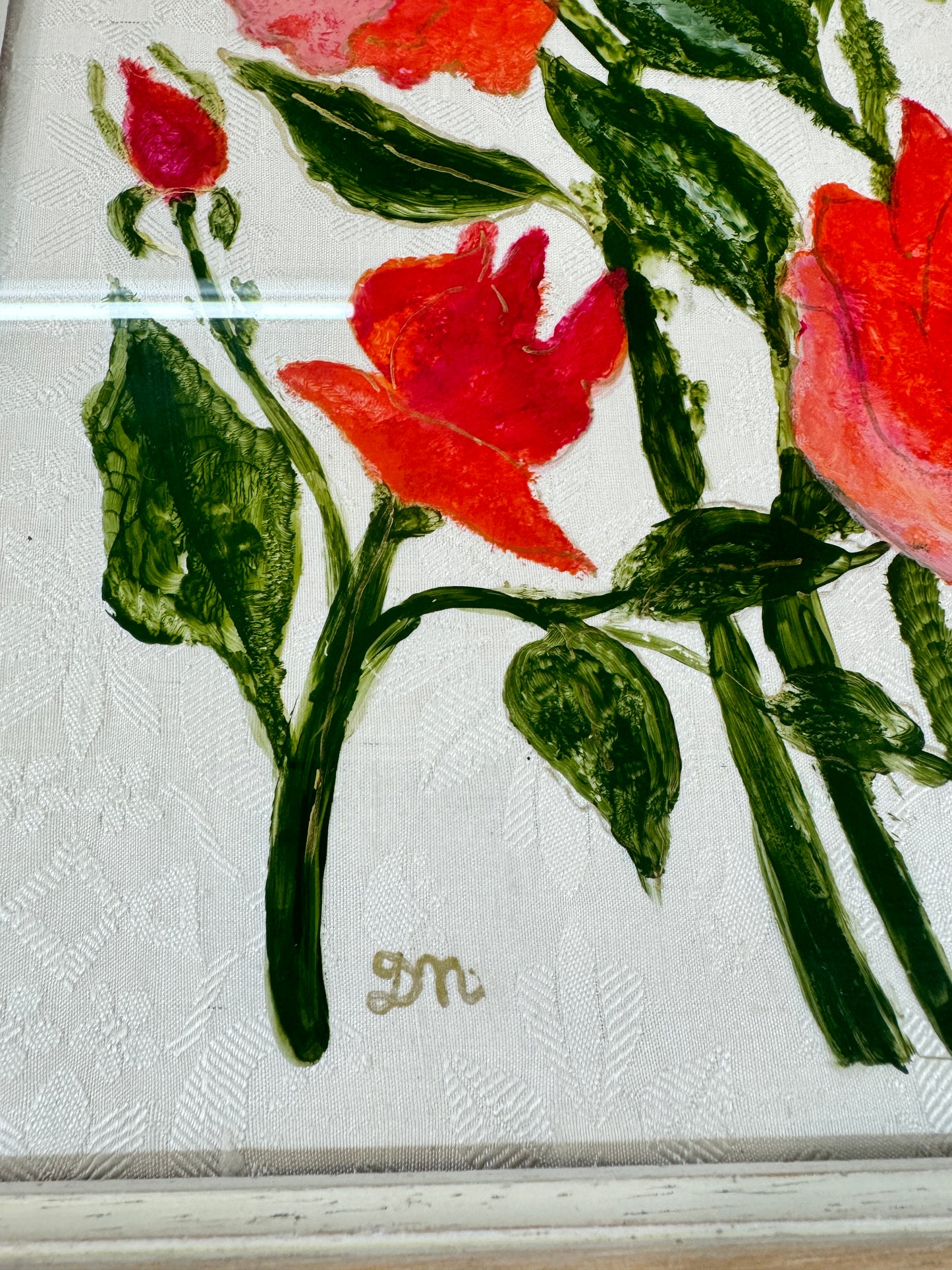 Original Artwork , hand painted red Roses on fabric ,signed DM