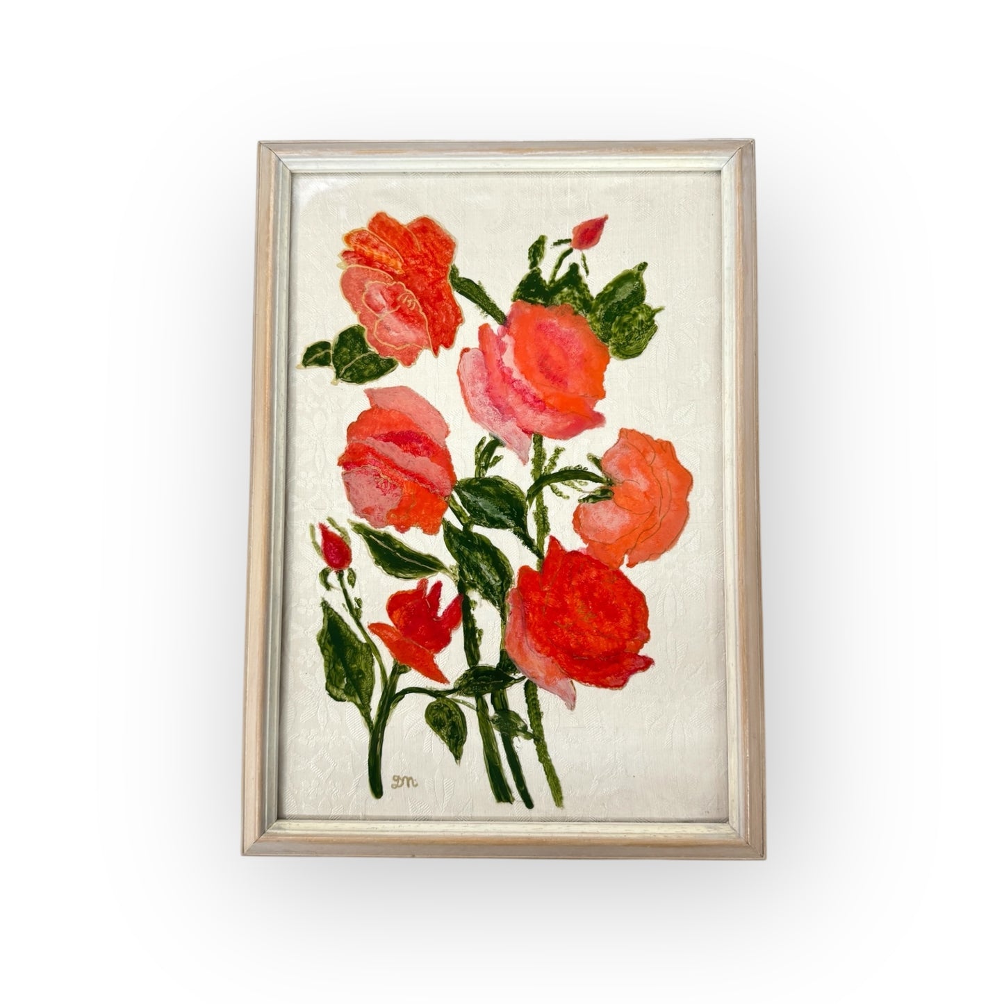 Original Artwork , hand painted red Roses on fabric ,signed DM