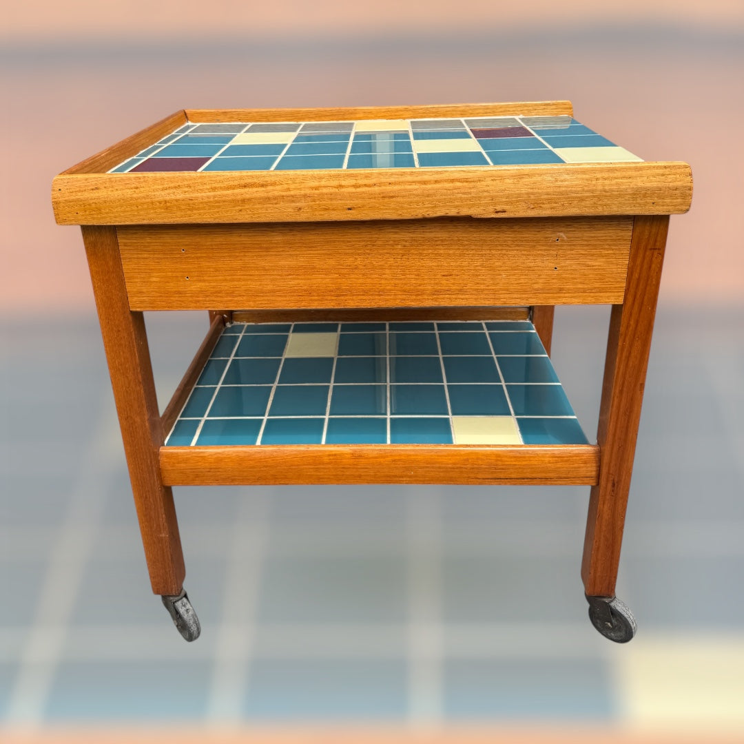 Mid Century Ceramic Tile Drinks Trolley | Vintage Bar Cart with Drawer | Retro Teak Side Table on Wheels | Blue Cream Burgundy Tiles