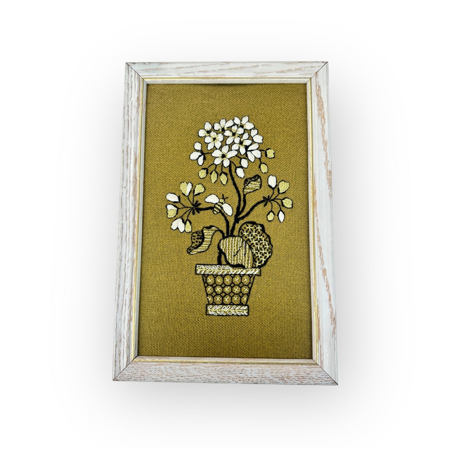 MCM Green floral embroidery in white wooden frame