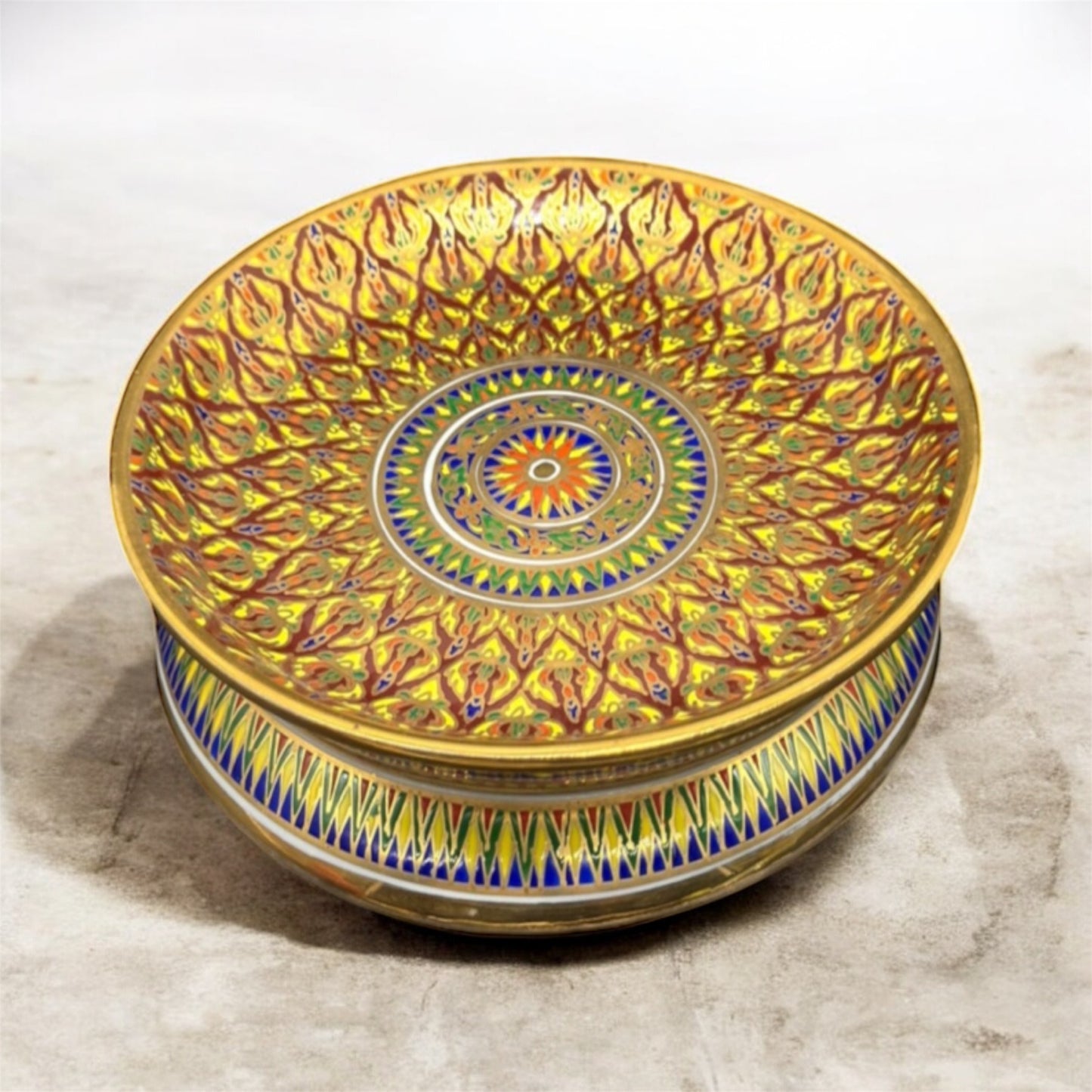 Thai Gold-Tone Benjarong Porcelain Pot/Vase with Plate Base – Hand Painted