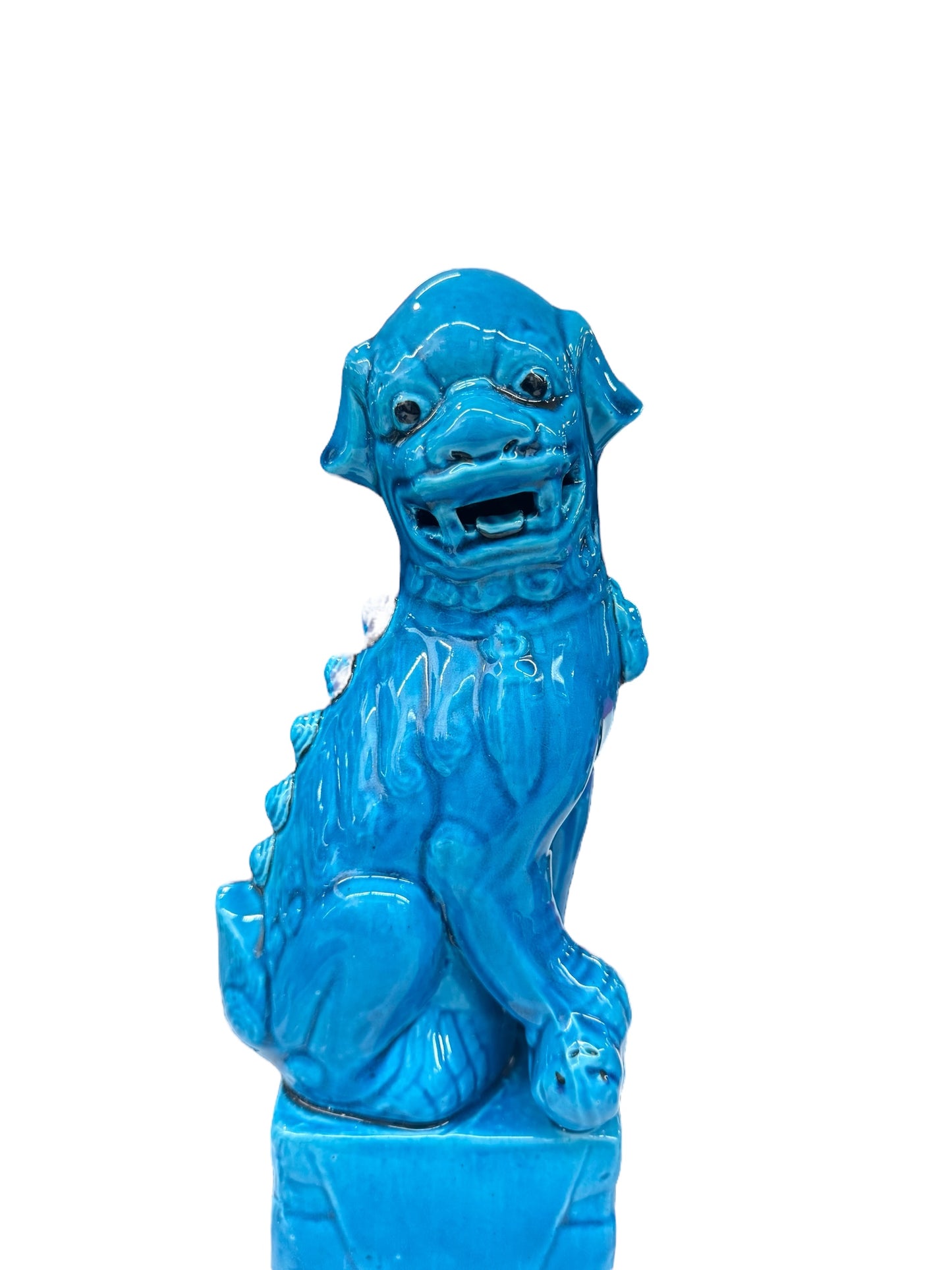 32.5cm Pair of Chinese Foo Dogs, Turquoise Chinese Temple Lions, Blue Porcelain Guardian Lions, Hollywood Regency