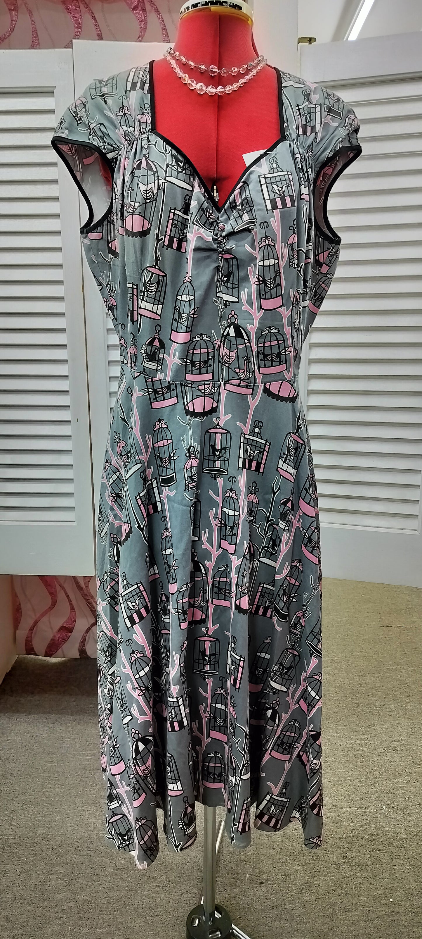 Pink & Grey birds in the cage pin-up couture. (Made in us). Size- 2XL.