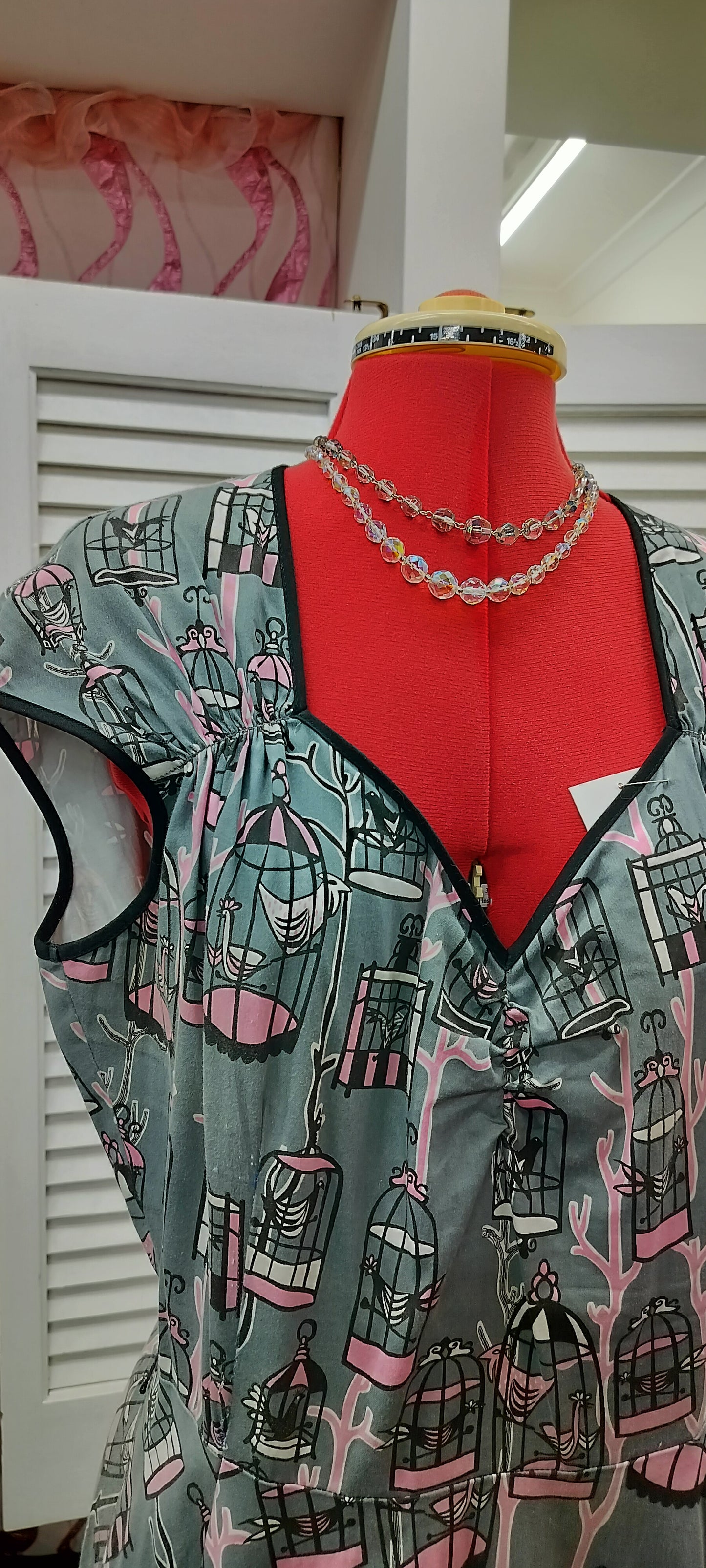 Pink & Grey birds in the cage pin-up couture. (Made in us). Size- 2XL.