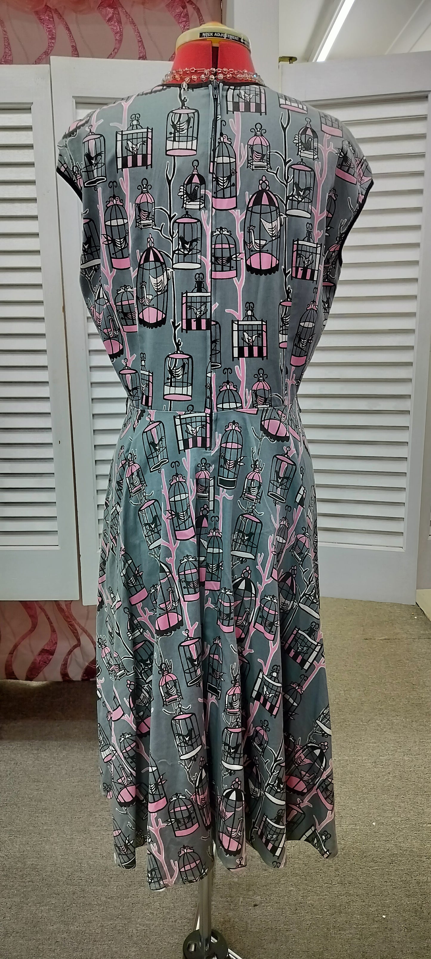 Pink & Grey birds in the cage pin-up couture. (Made in us). Size- 2XL.