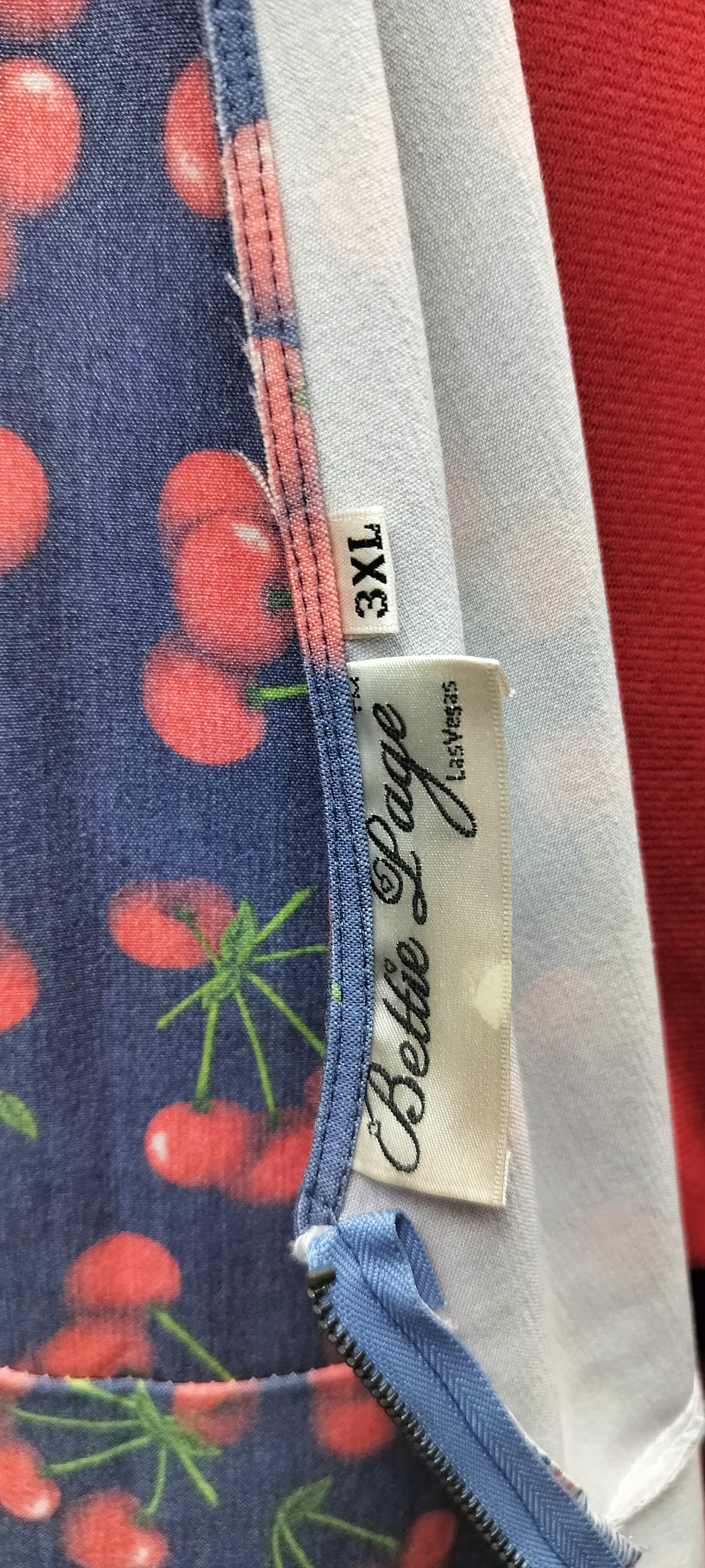 Bettie Page blue base with Cherry print pinup dress. Size- 3XL.