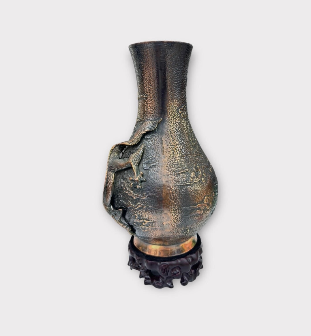 Antique Bronze Dragon Vase on Carved Wooden Stand – Japanese Art Symbol of Power & Fortune