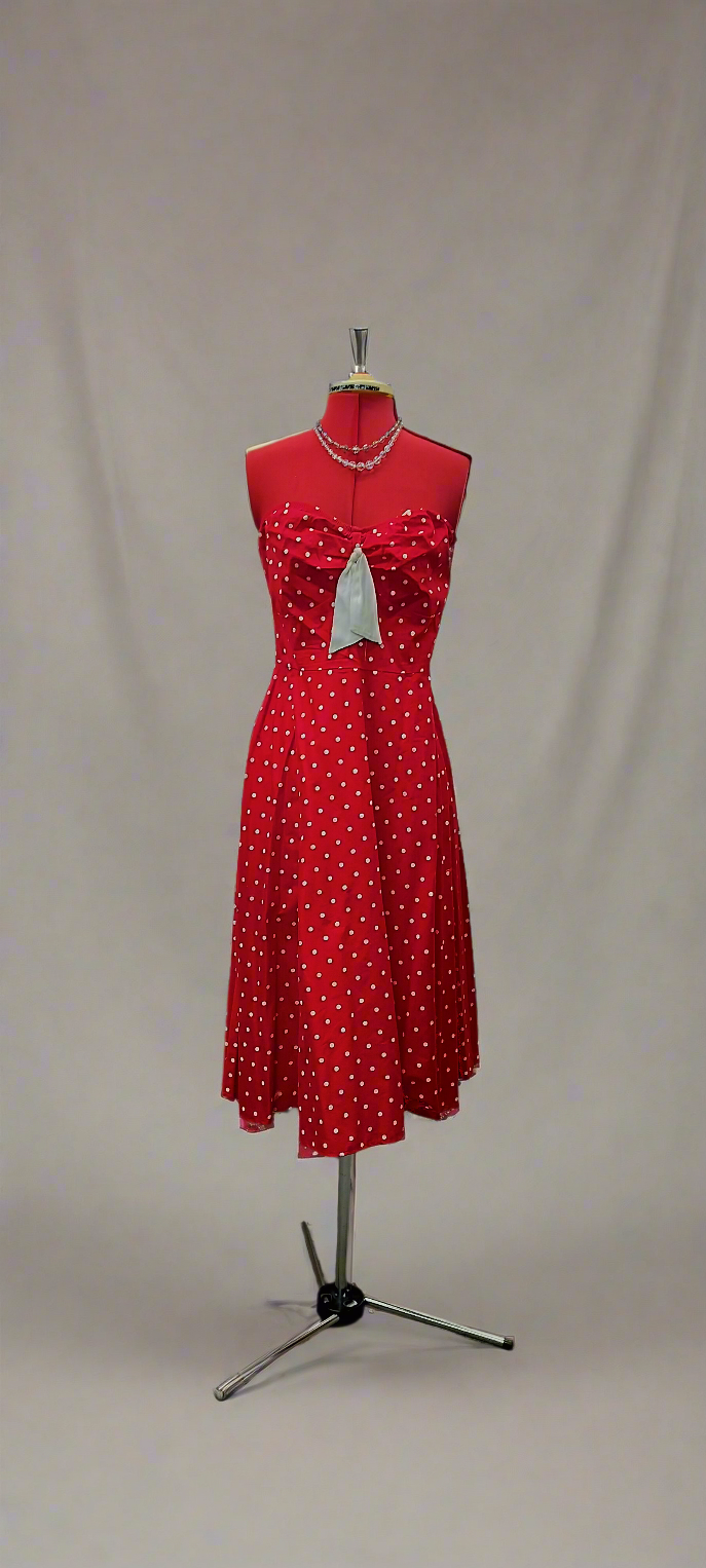 White polka dots on red cotton strapless dress, Stop staring, pinup 1950's style
