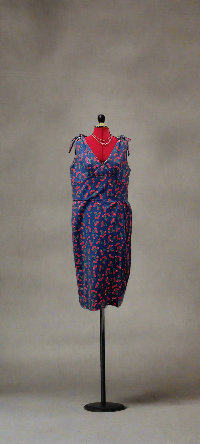 Bettie Page blue base with Cherry print pinup dress. Size- 3XL.