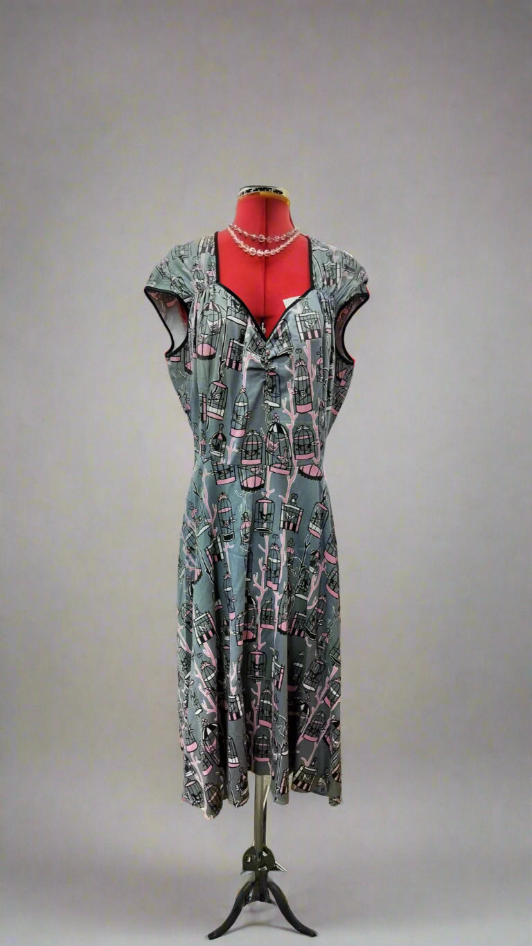 Pink & Grey birds in the cage pin-up couture. (Made in us). Size- 2XL.