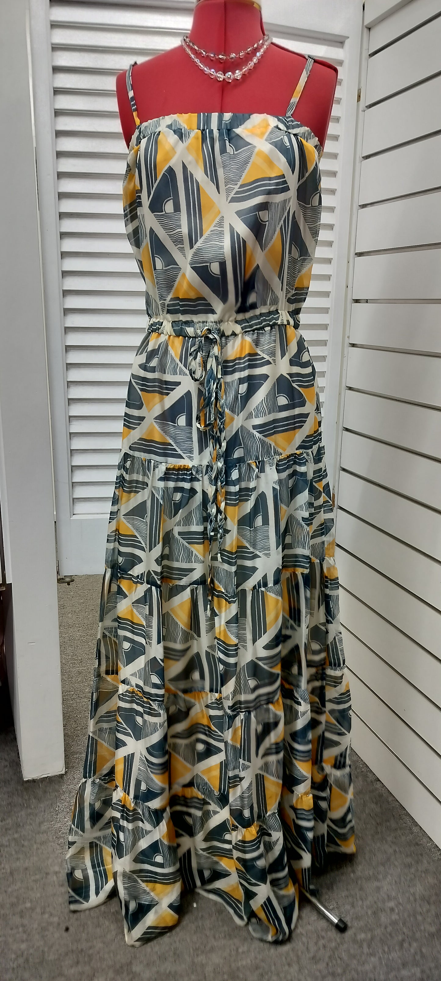 Grey white print,white satch silk maxi dress. Size-12.
