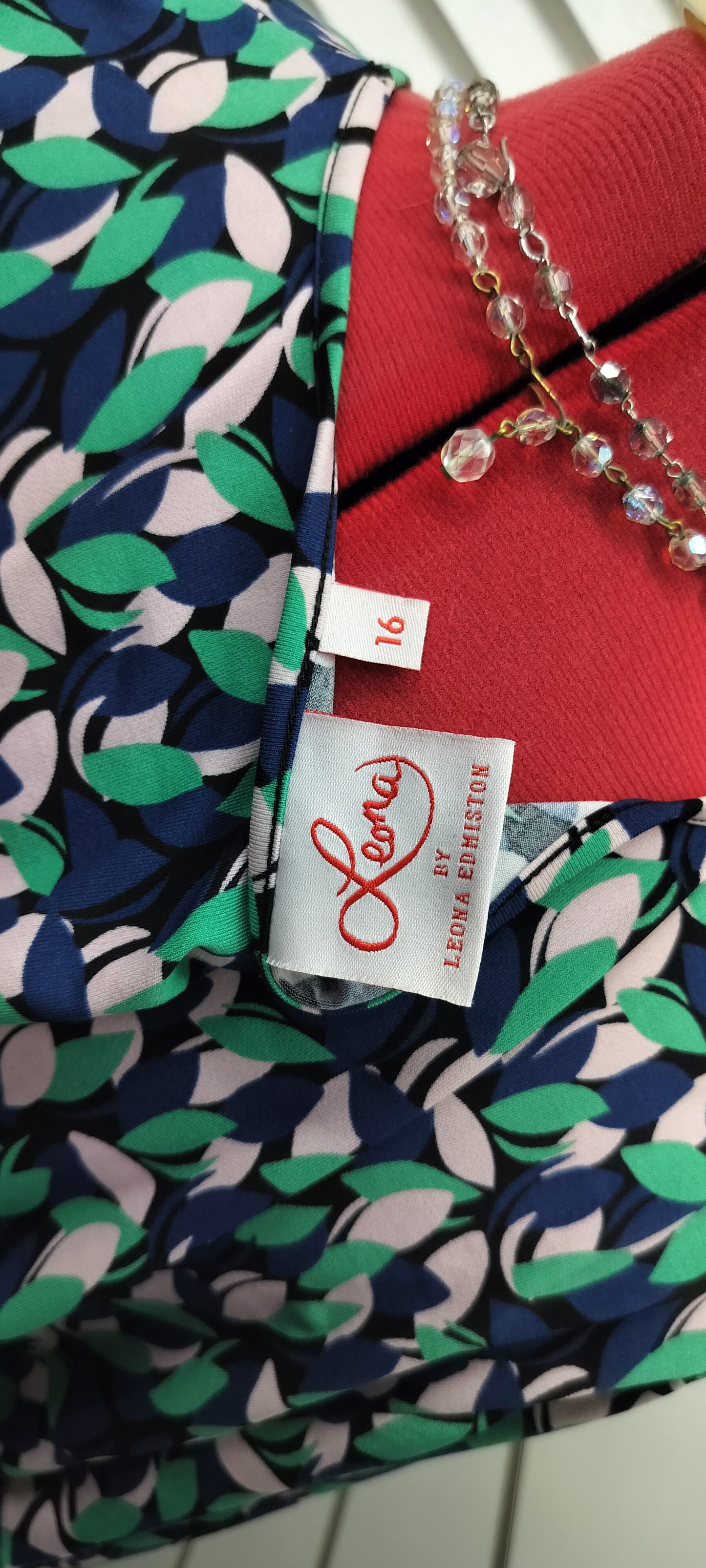 Leona Edmiston, teal + navy blue print dress. Size-16.