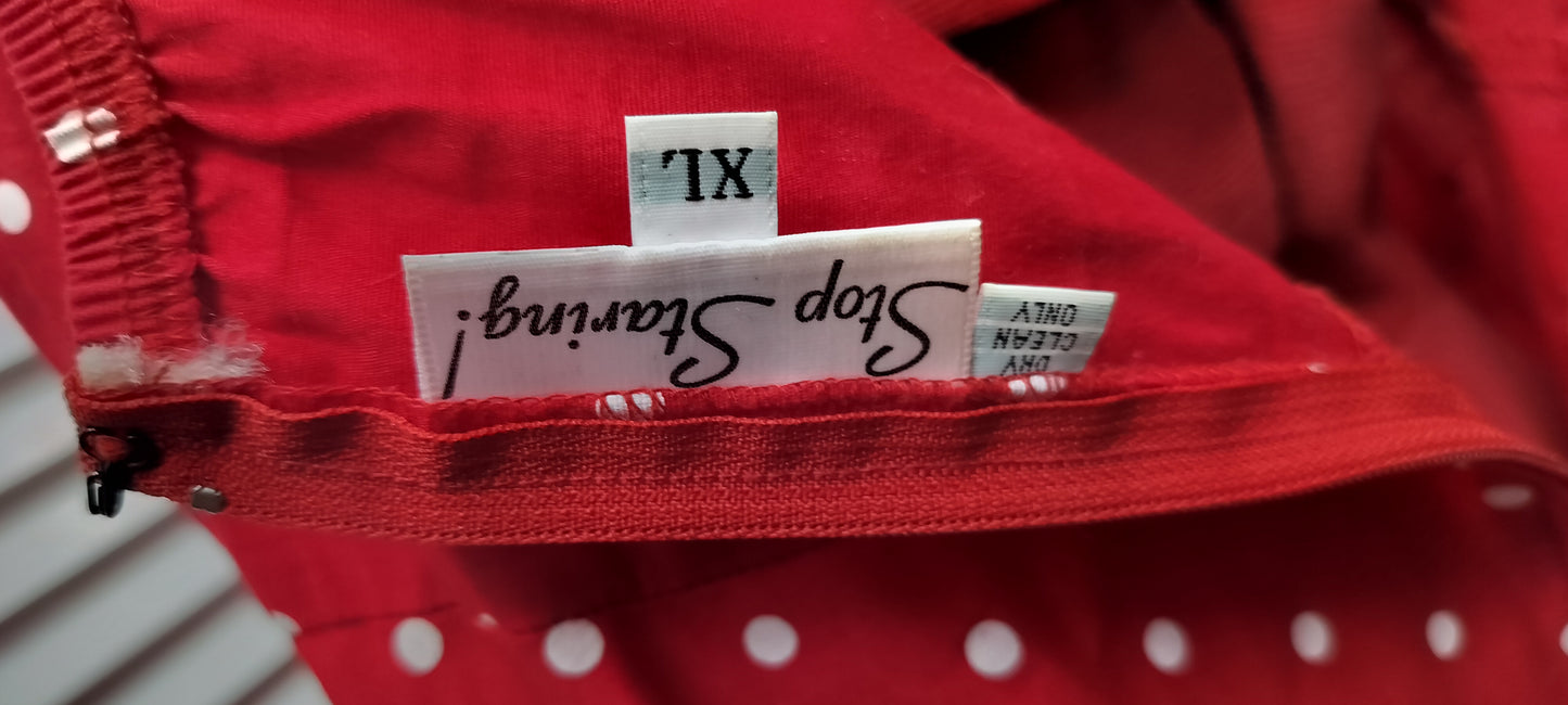 White polka dots on red cotton strapless dress, Stop staring, pinup 1950's style