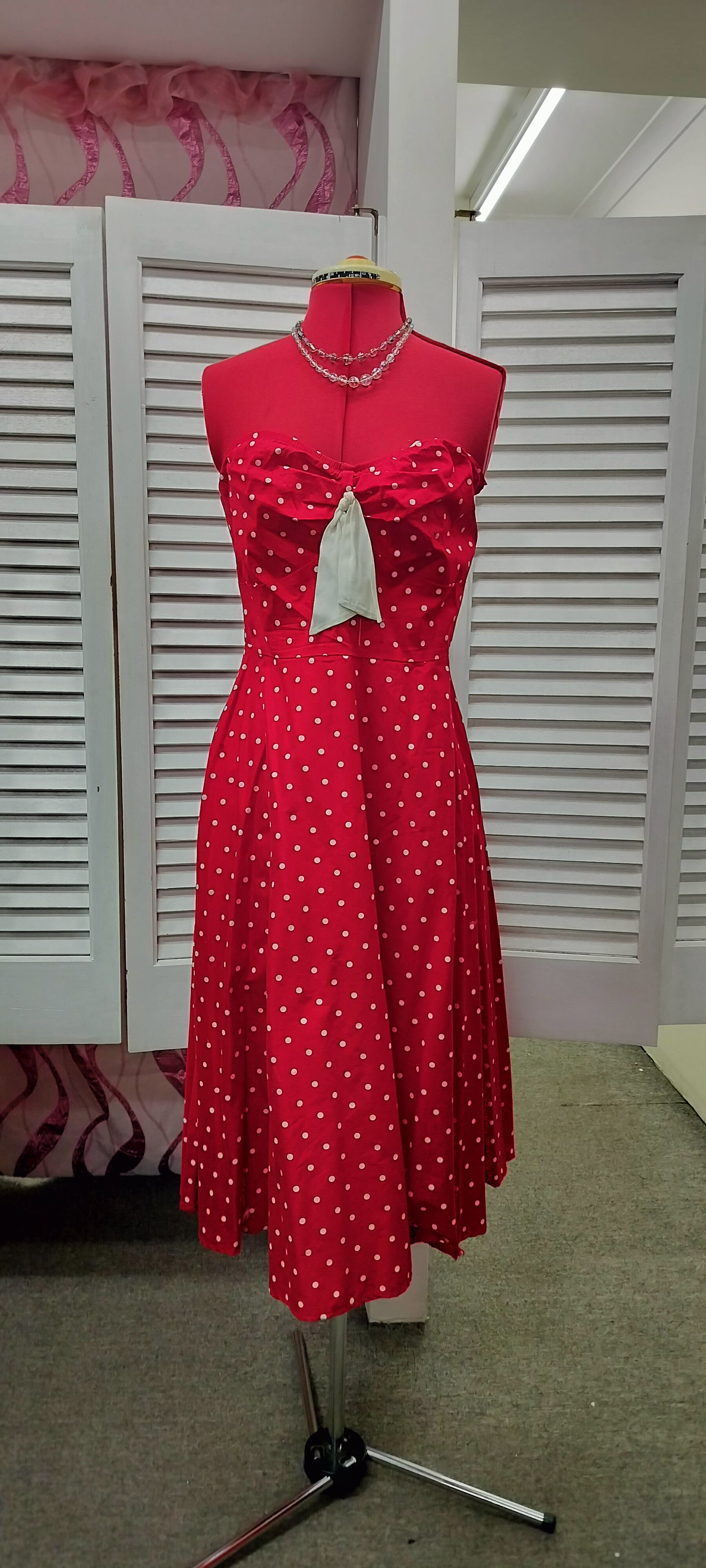 White polka dots on red cotton strapless dress, Stop staring, pinup 1950's style