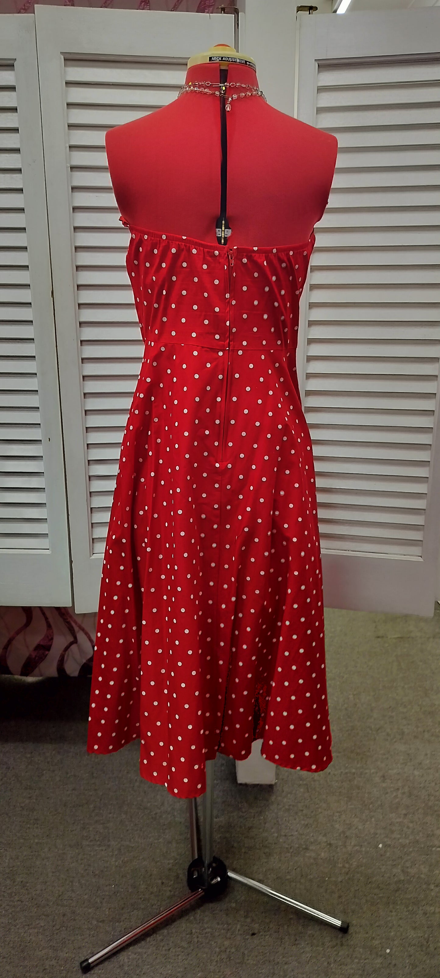 White polka dots on red cotton strapless dress, Stop staring, pinup 1950's style