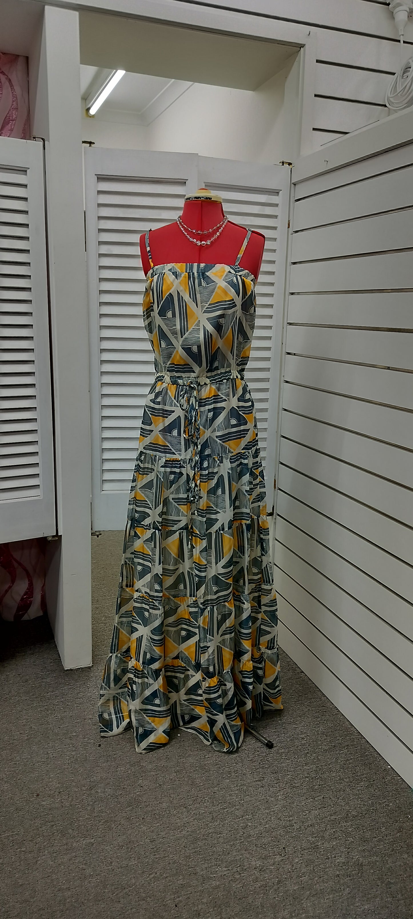 Grey white print,white satch silk maxi dress. Size-12.