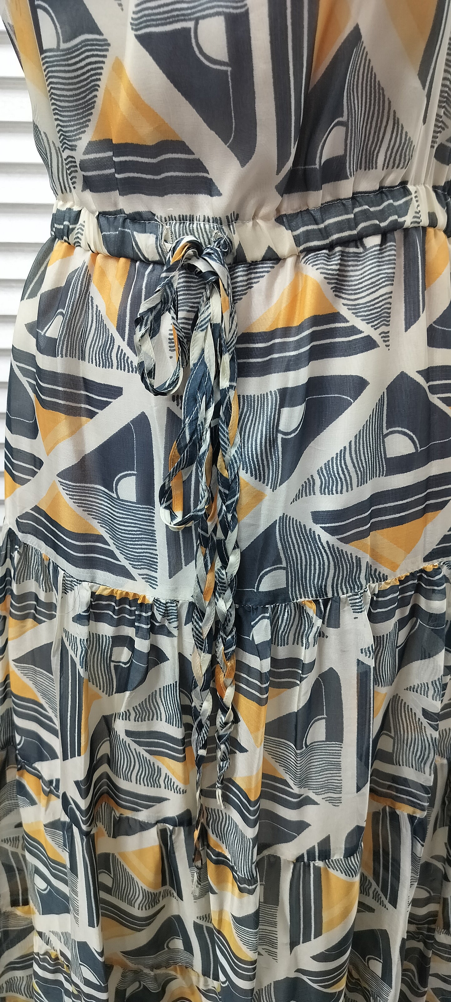 Grey white print,white satch silk maxi dress. Size-12.