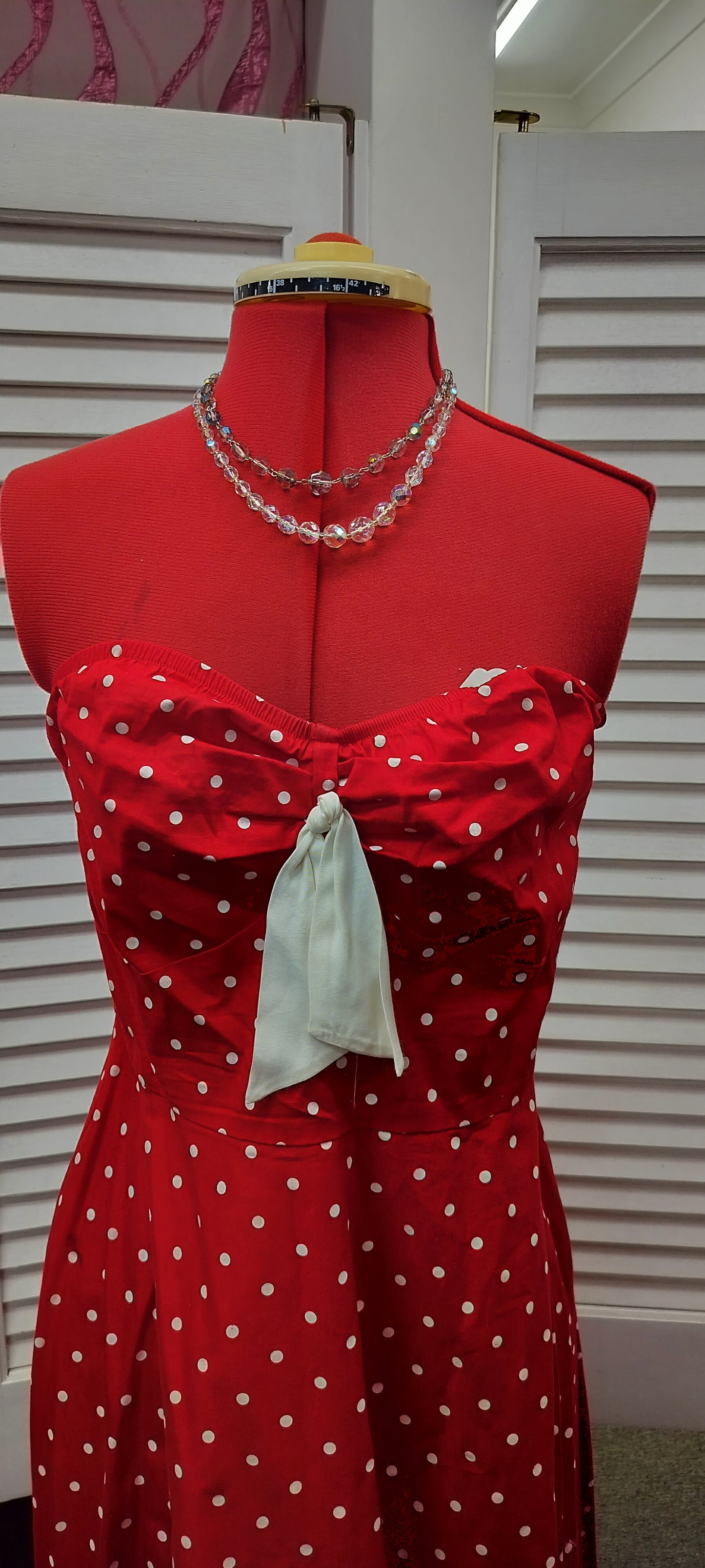 White polka dots on red cotton strapless dress, Stop staring, pinup 1950's style