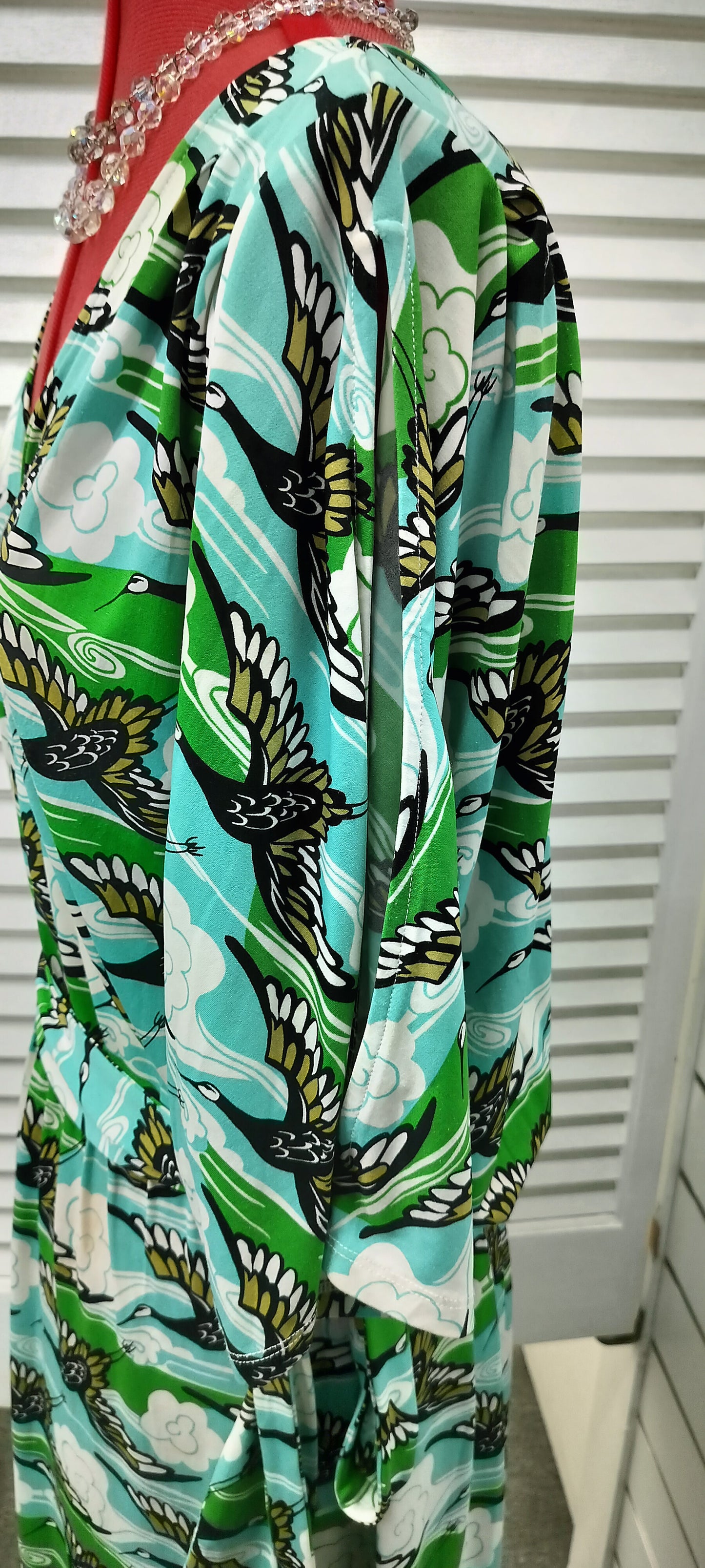 Gorgeous Leona, aque + green with black cranes dress, with belt along. Size-14.