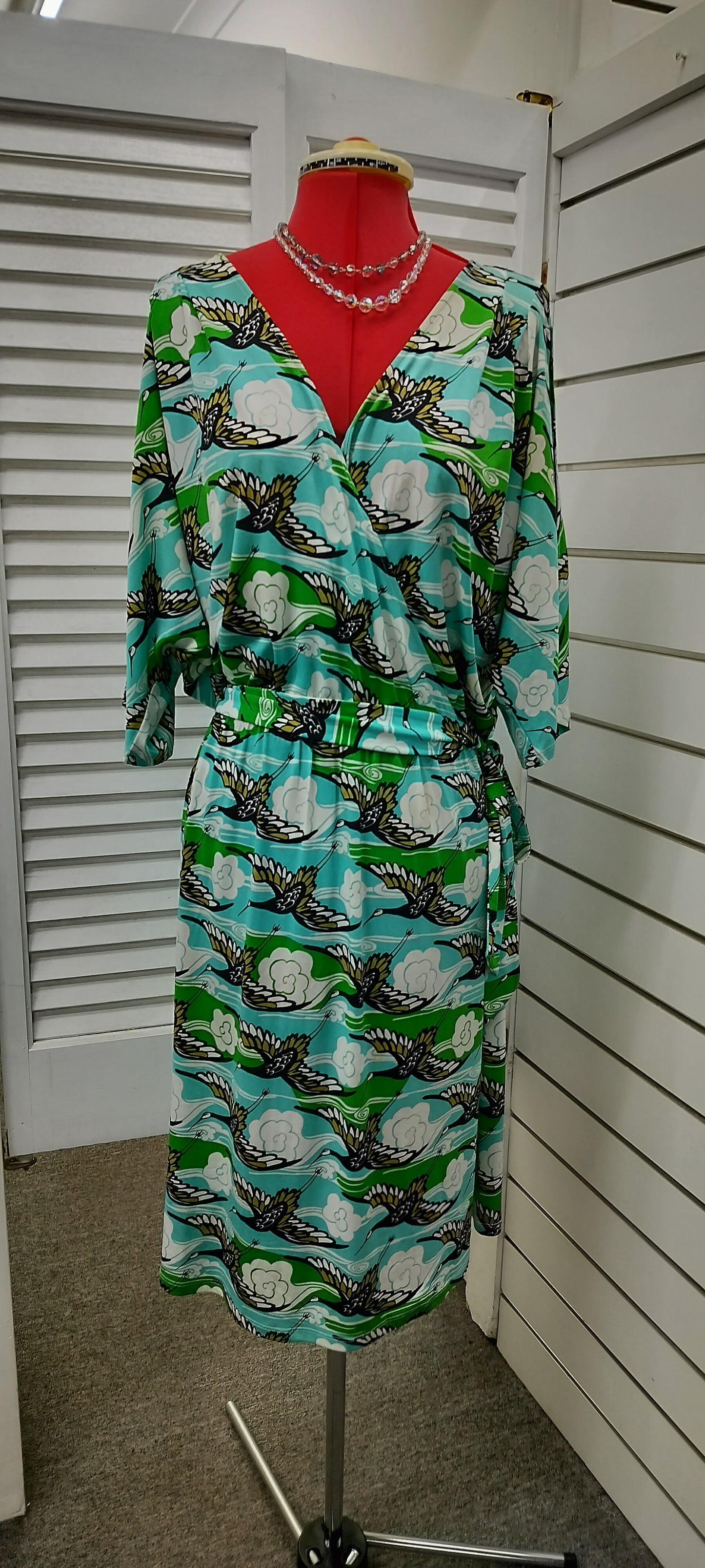 Gorgeous Leona, aque + green with black cranes dress, with belt along. Size-14.