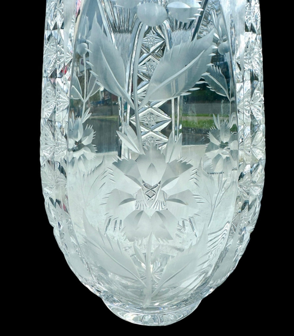 Large Hand Etched crystal vase