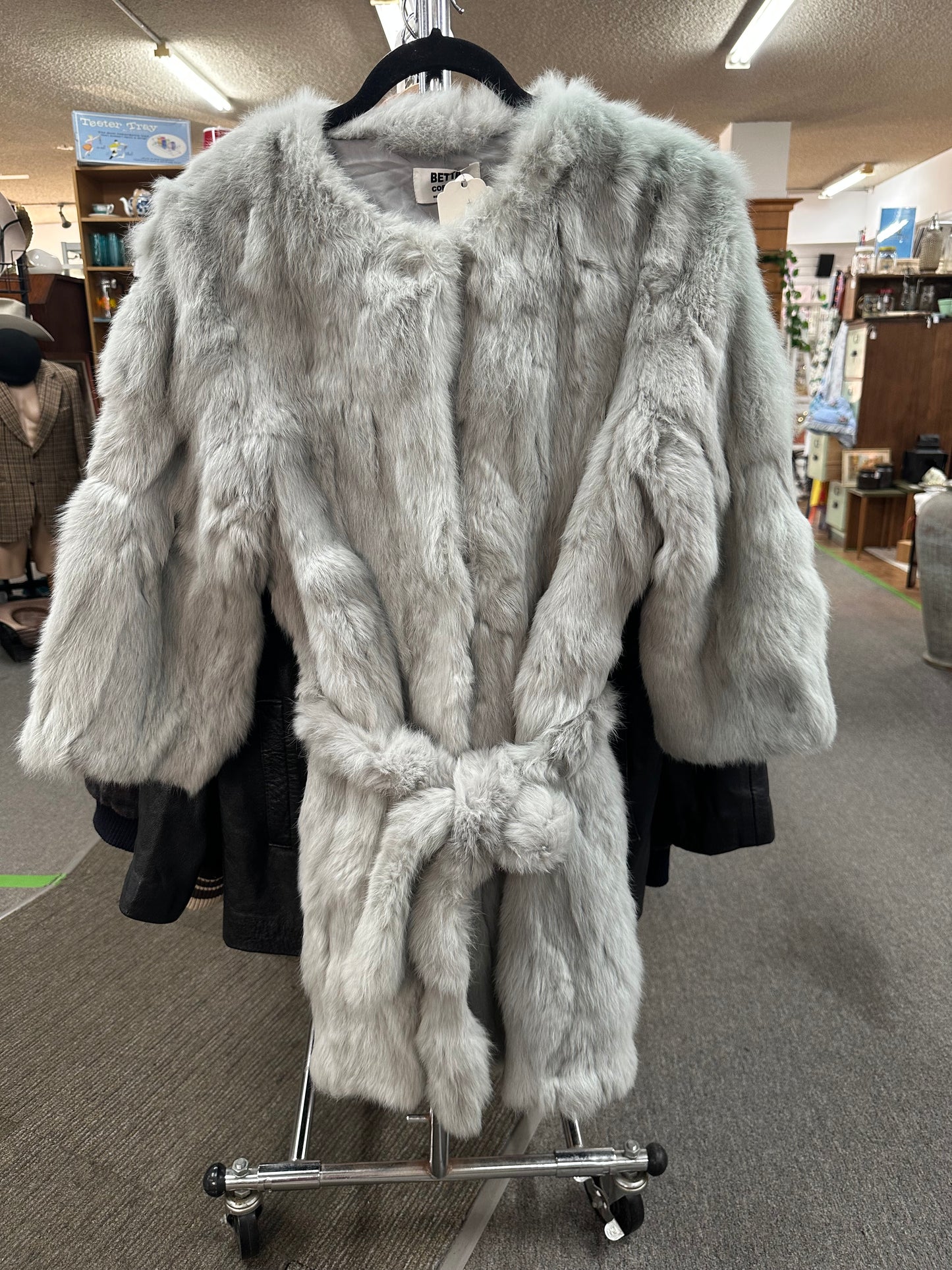 Pale Grey Soft Rabbit Fur Coat with Tie belt