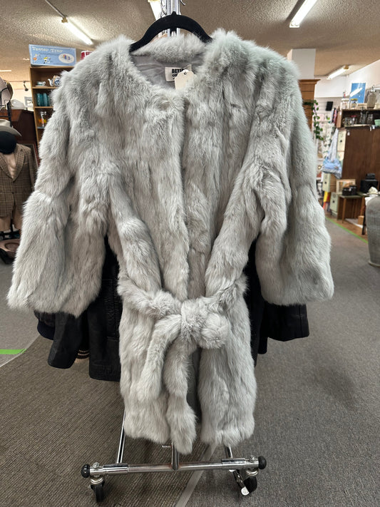 Pale Grey Soft Rabbit Fur Coat with Tie belt
