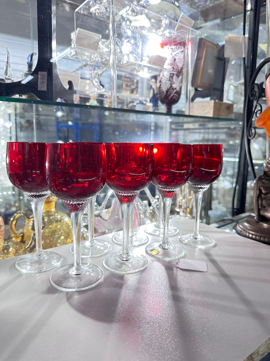 8p 1970s Ruby Bohemian Crystal Glasses