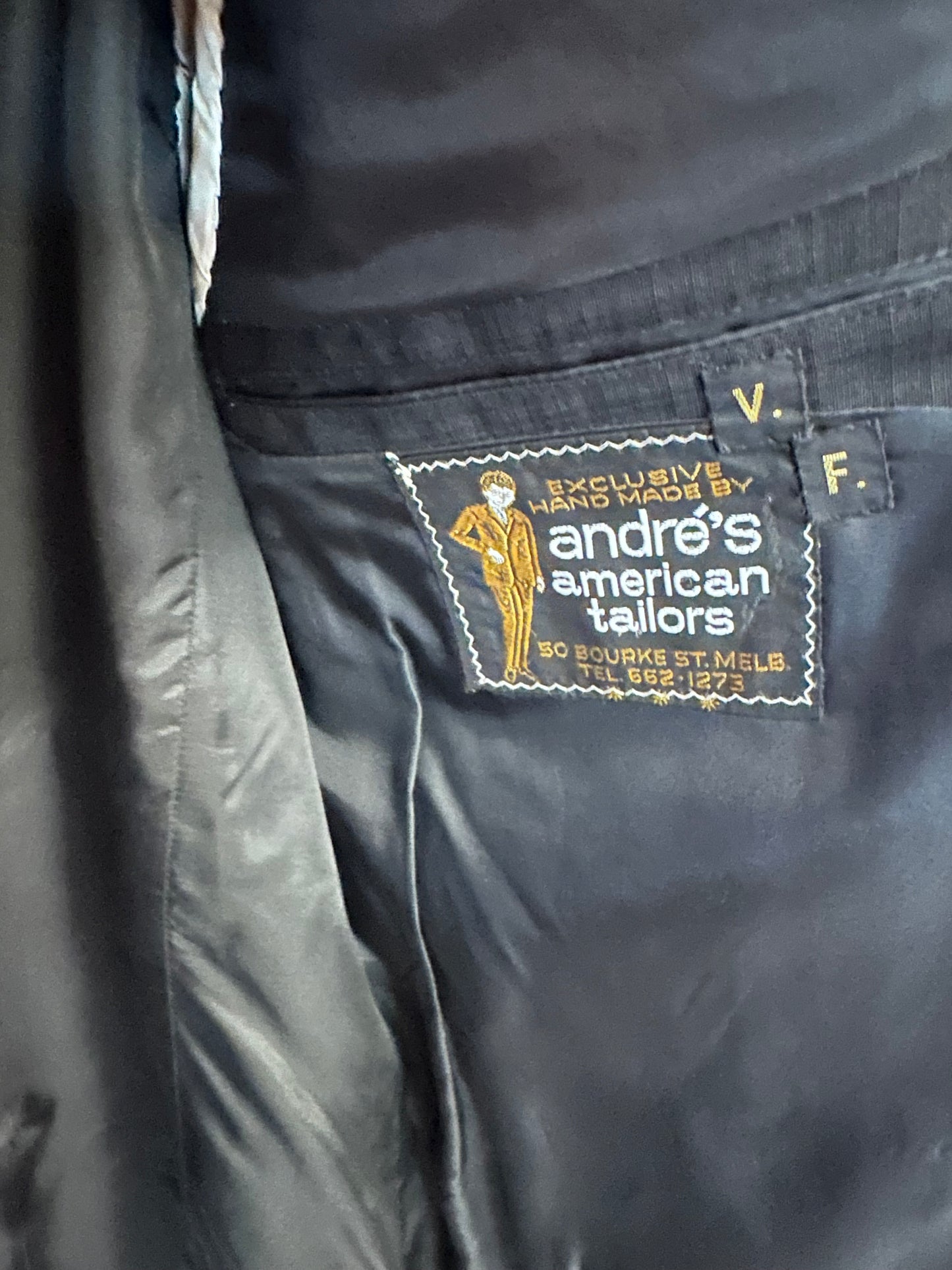 Vintage Black Formal Jacket – Satin Peak Lapels – André’s American Tailors – Melbourne , 40”