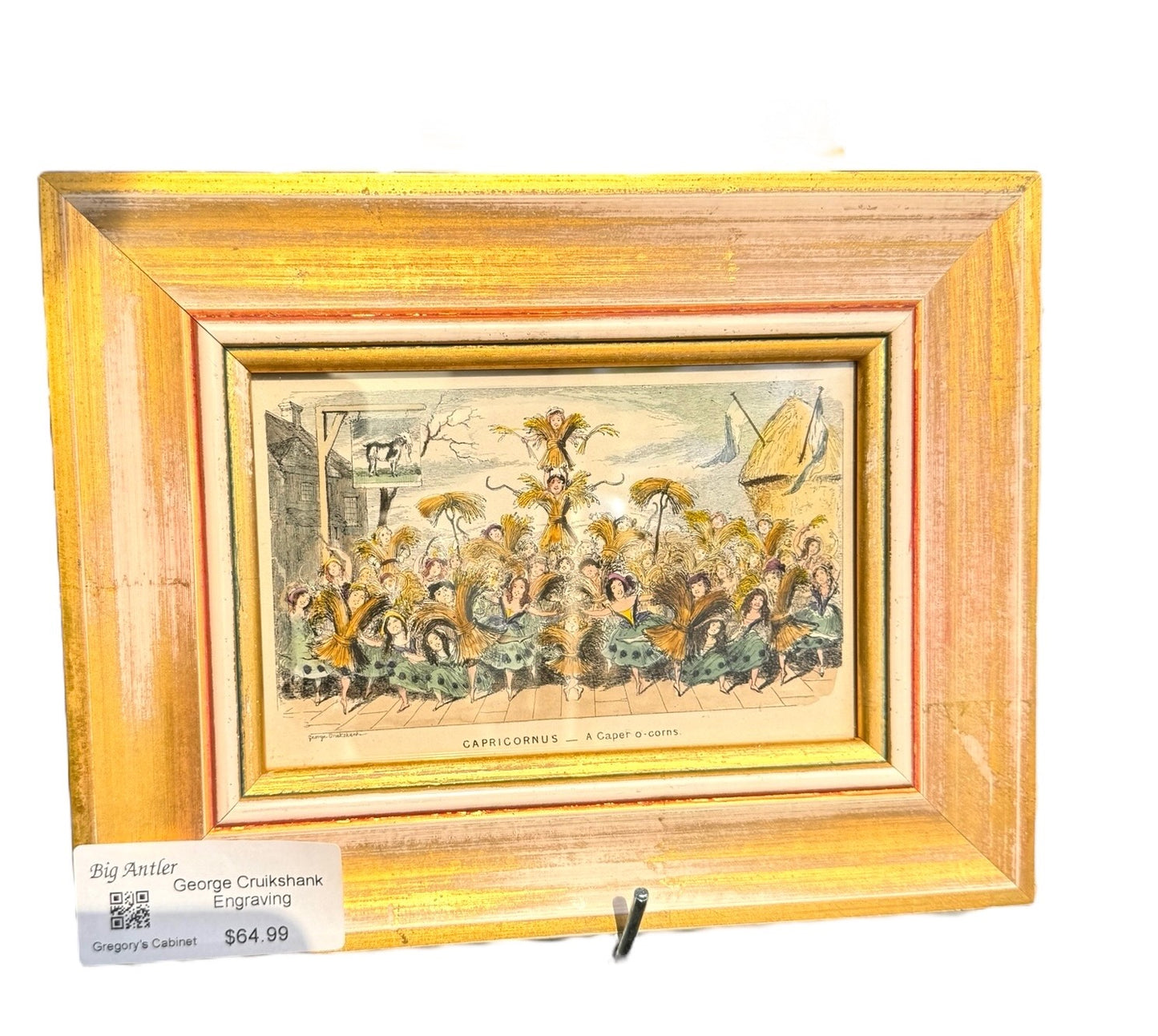 25cm *18cm Framed C.1842 George Cruikshank Hand Coloured wooden Engraving