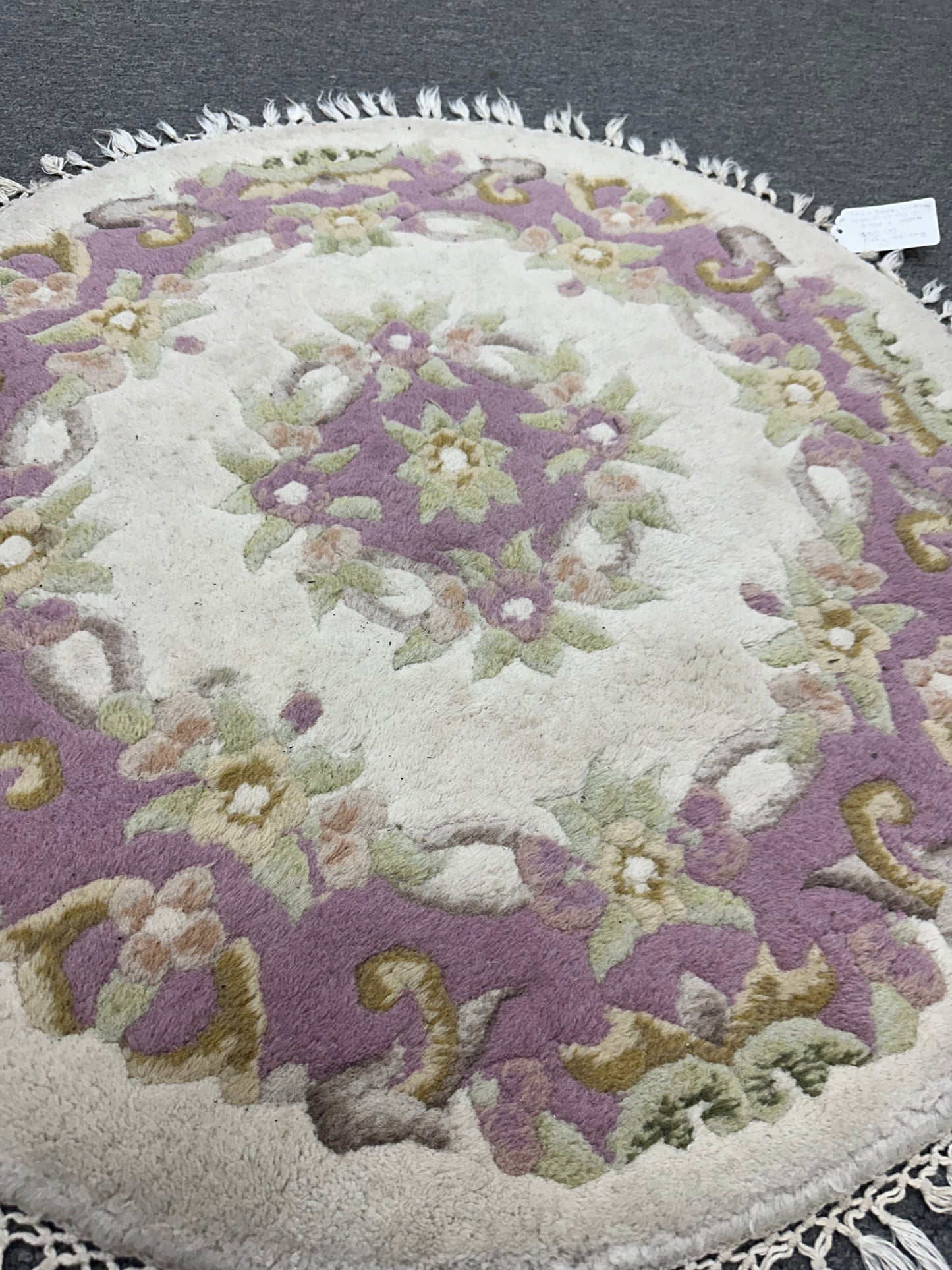 Cream Mauve + Olive Wool Circel Rug , Handknotted + Fringed, Bed room Rug, Round