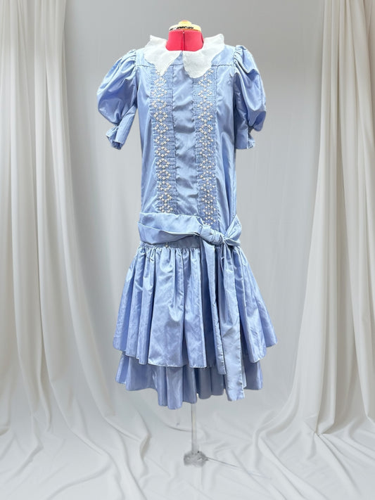 1980s Blue Tafetta Dress Smocking Front