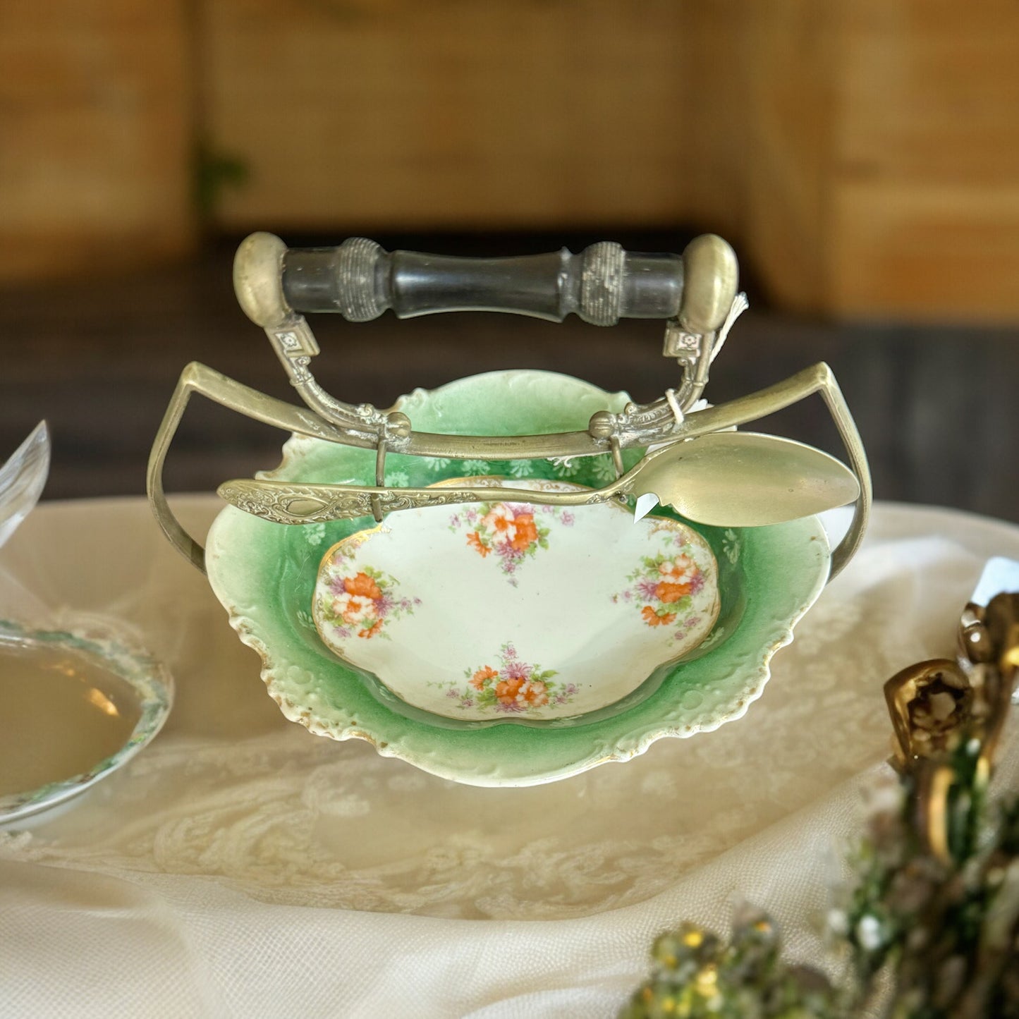 Antique Serving bowl with silver spoon
