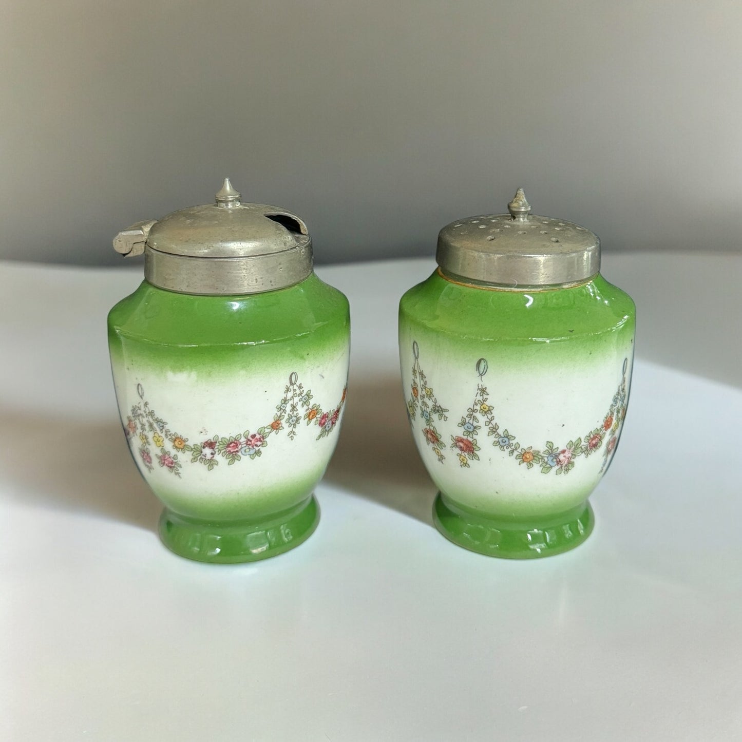 4p Condiment Set - Porcelain Salt Pepper Mustard and Silver Holde