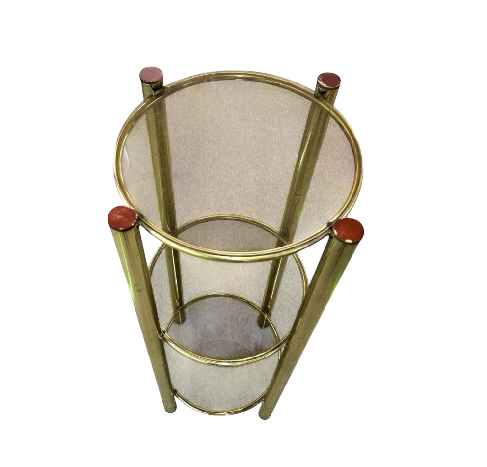 1980’s three tier brass plated shelves/side table with smoky glass
