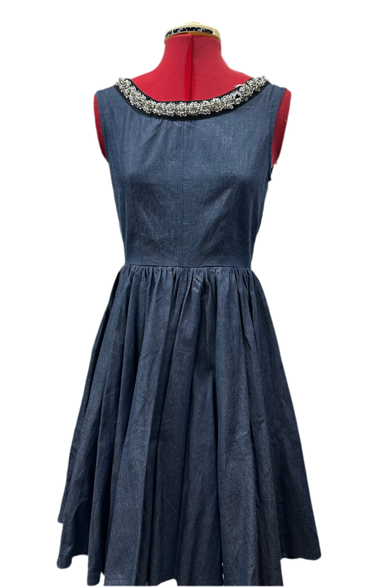 Vintage Blue Denim and Sequin Fit  Flare Dress