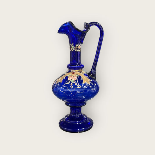 Hand Blown Venetian Cobalt Blue Glass Pitcher with Hand Painted Floral Motif