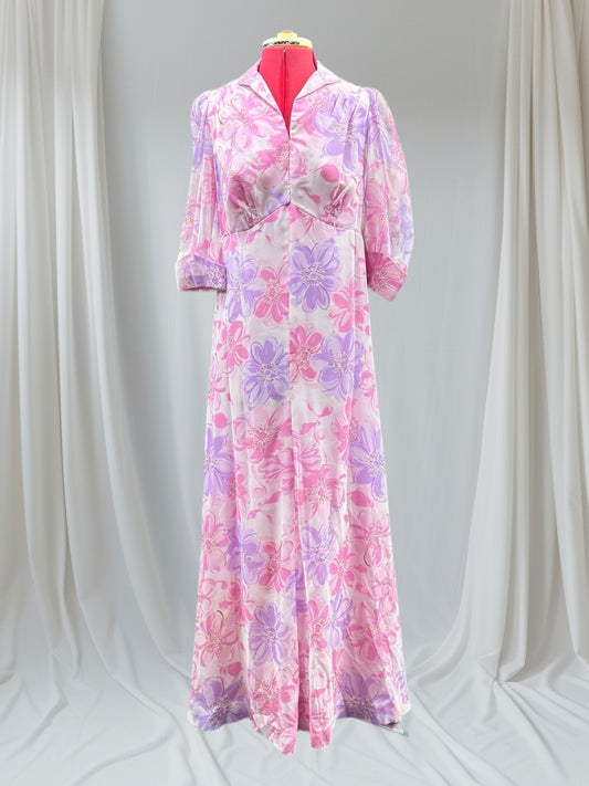 1970s Pink Mauve Hostess Maxi Dress, Small