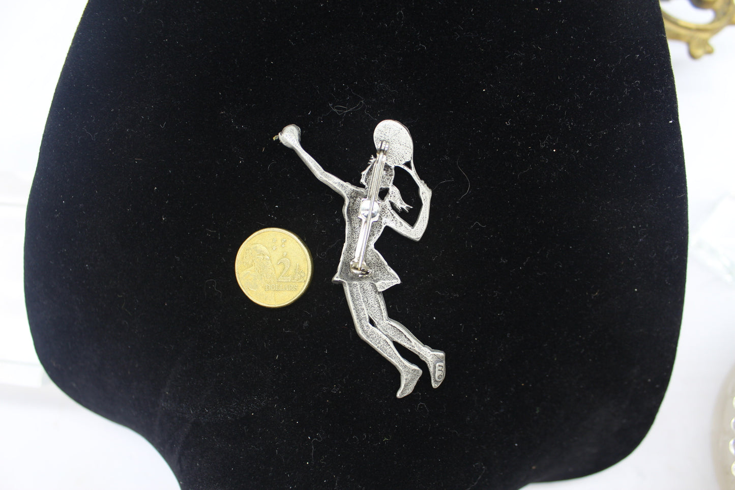 Jonette Jewellery pewter + PearlTennis girl brooch