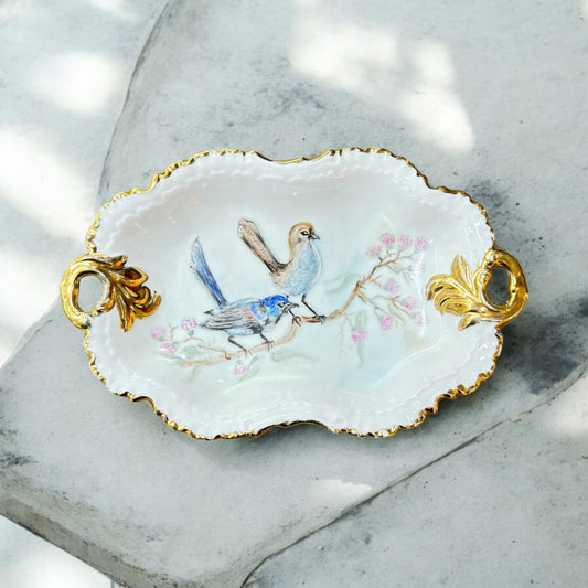 Hand Painted Blue Wren Plate with Gold Trim