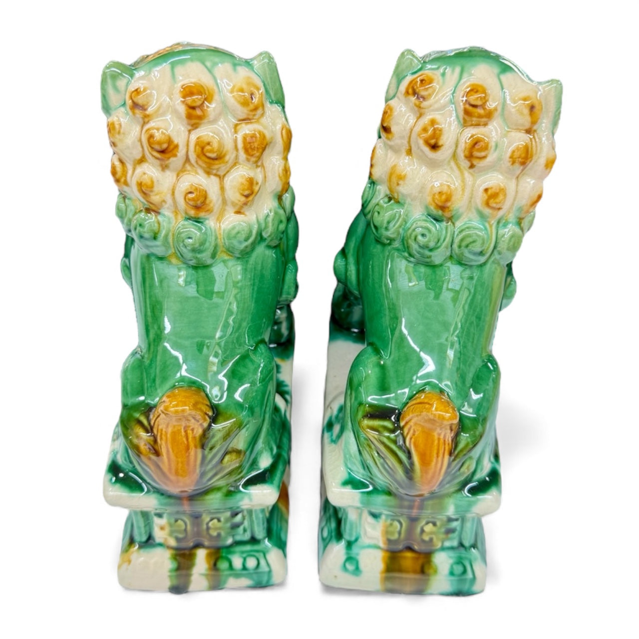 Vintage Chinese Sancai Glazed Foo Dogs – Green Ceramic Guardian Lions (Pair)