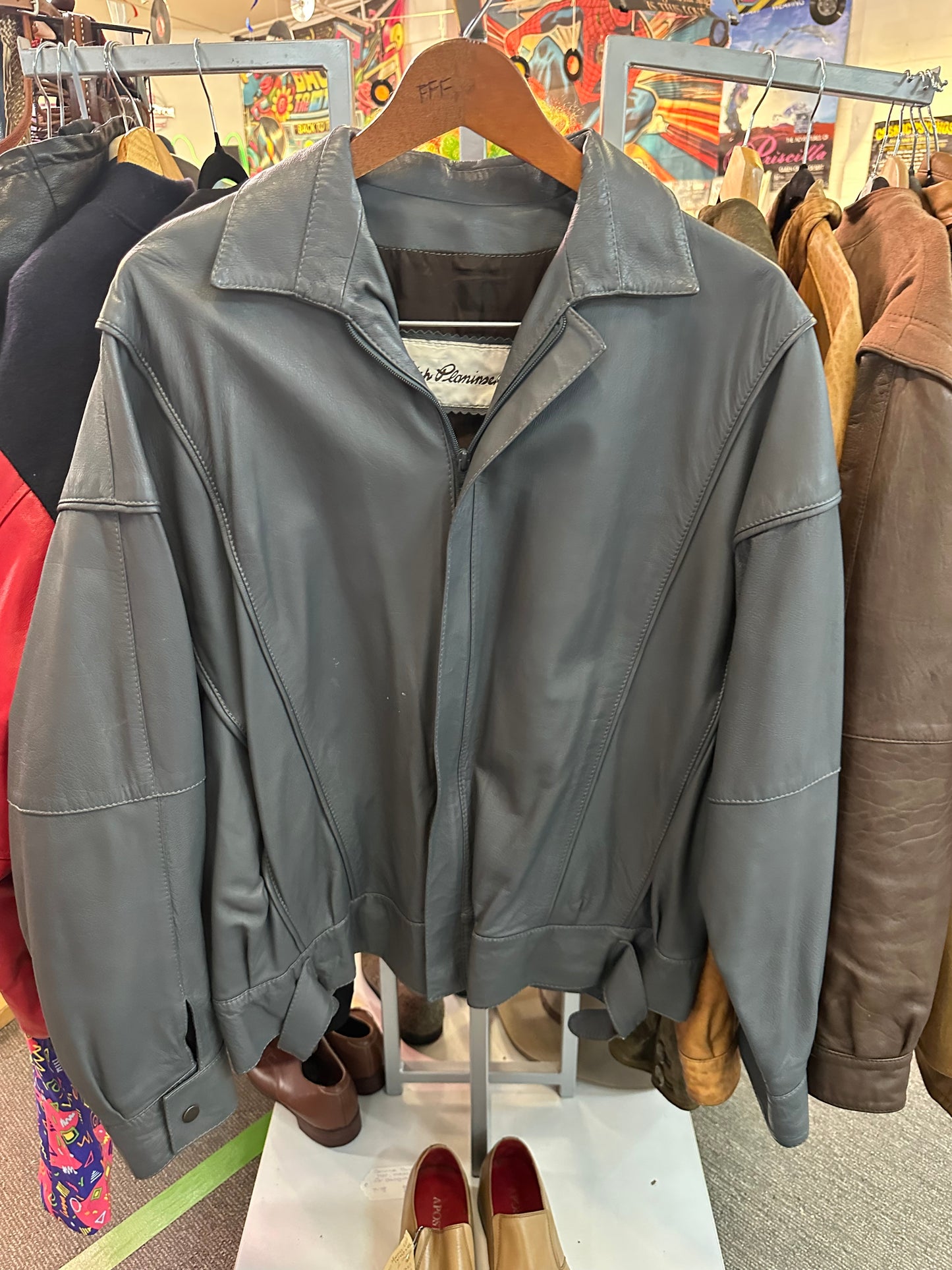 Vintage Grey Leather Jacket – Erich Plainsert – Zip Front