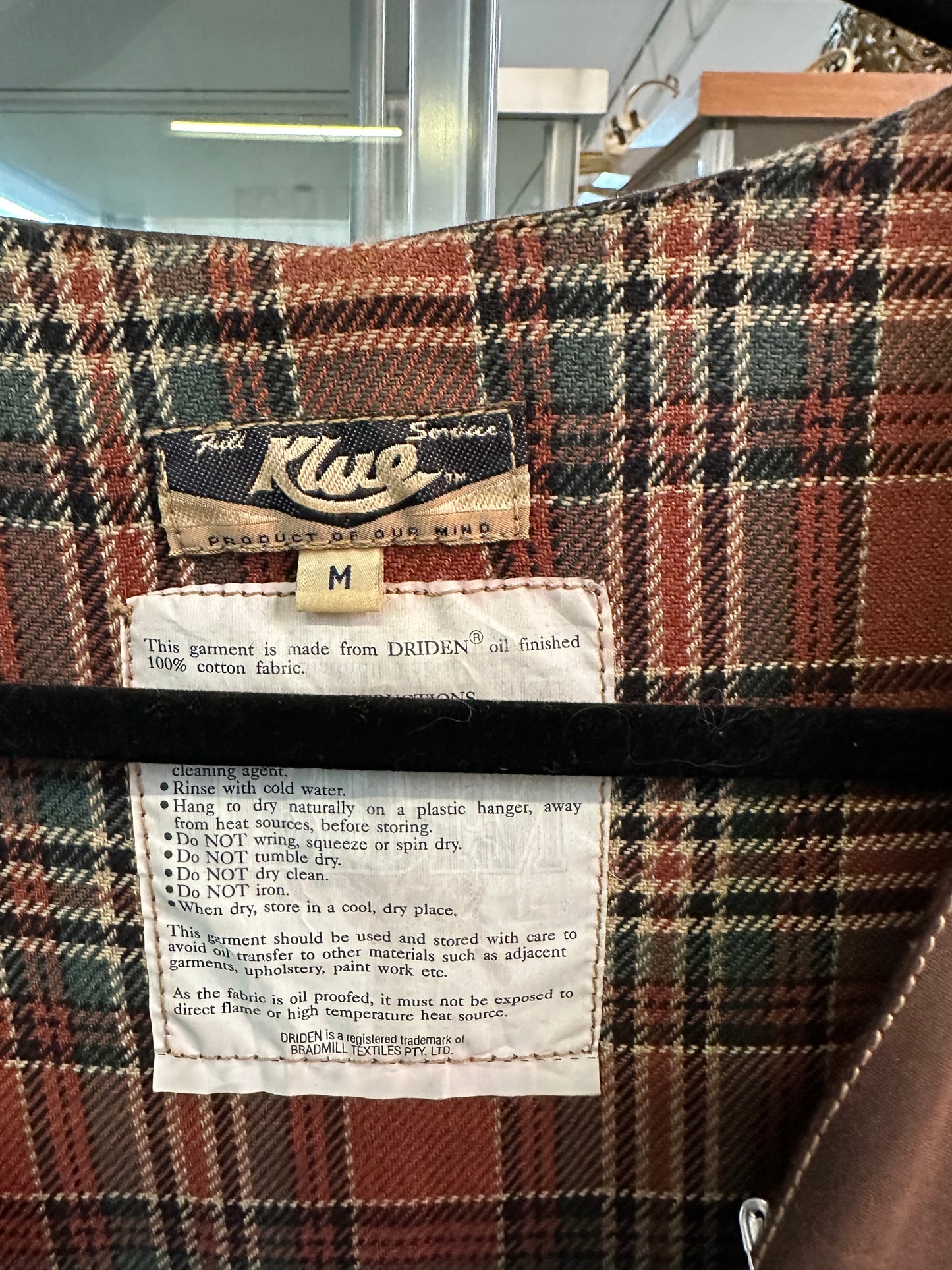 Vintage Klug Oilskin Vest – Brown with Tartan Lining – Size M