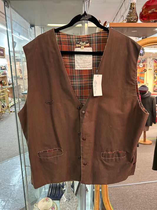 Vintage Klug Oilskin Vest – Brown with Tartan Lining – Size M