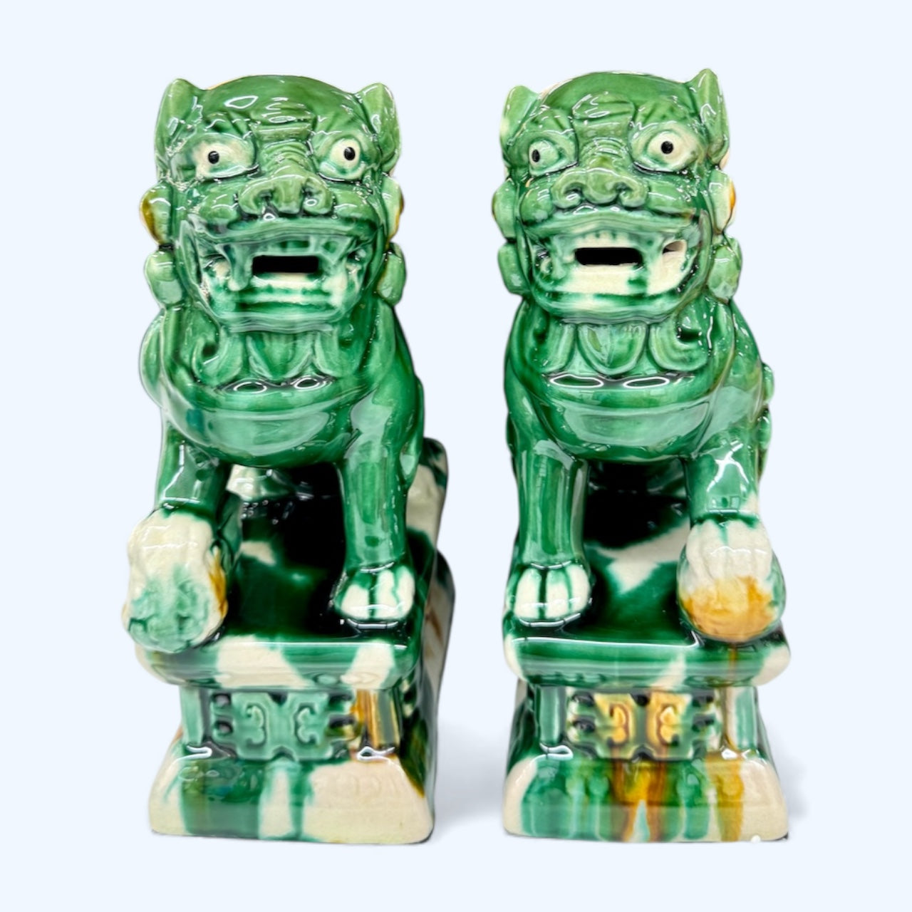 Vintage Chinese Sancai Glazed Foo Dogs – Green Ceramic Guardian Lions (Pair)