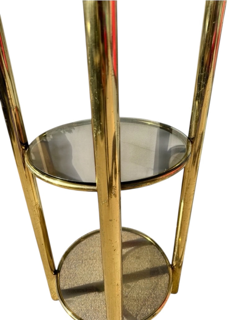 1980’s three tier brass plated shelves/side table with smoky glass