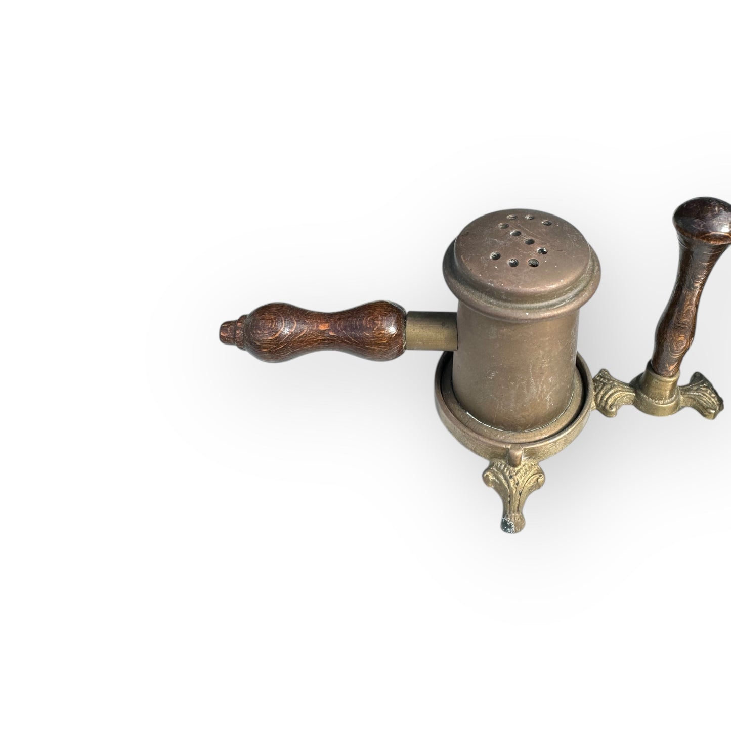 Vtg Brass Salt & Pepper Shaker Set – Wooden Handles & Tripod Bases